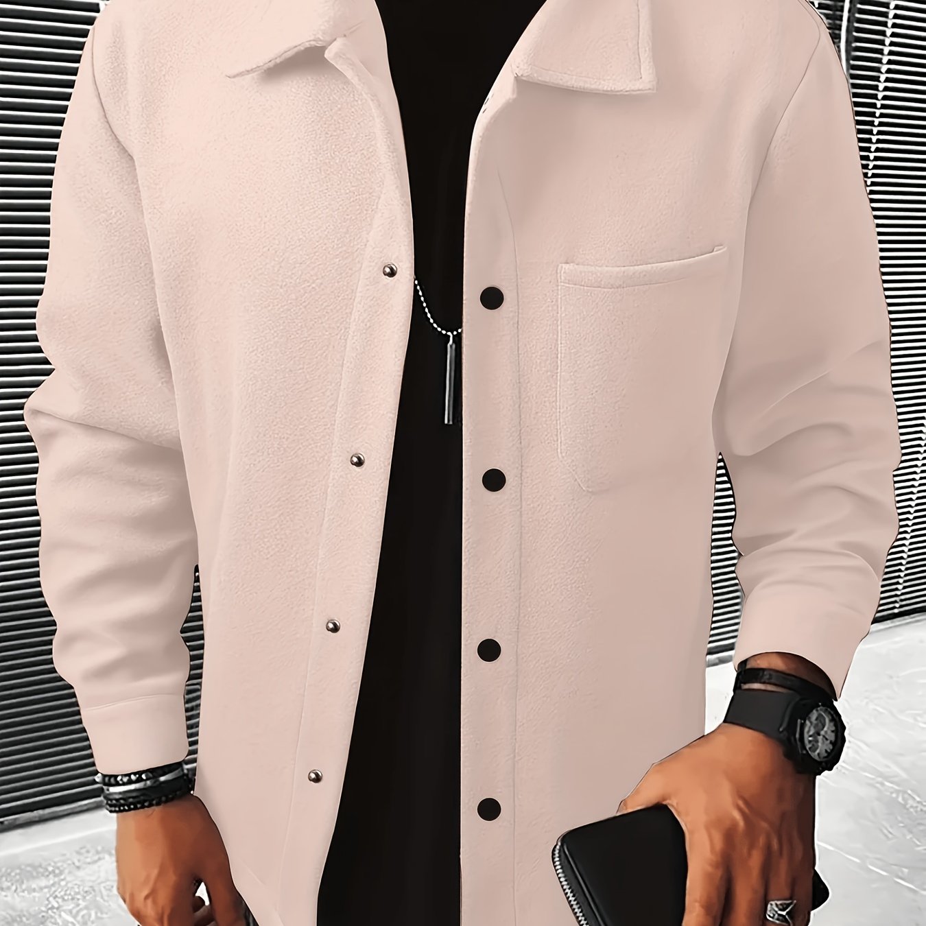 TEMU Men' Light Striped Lapel Shirt Jacket, Loose Fit Casual Textured Long Sleeve Jacket