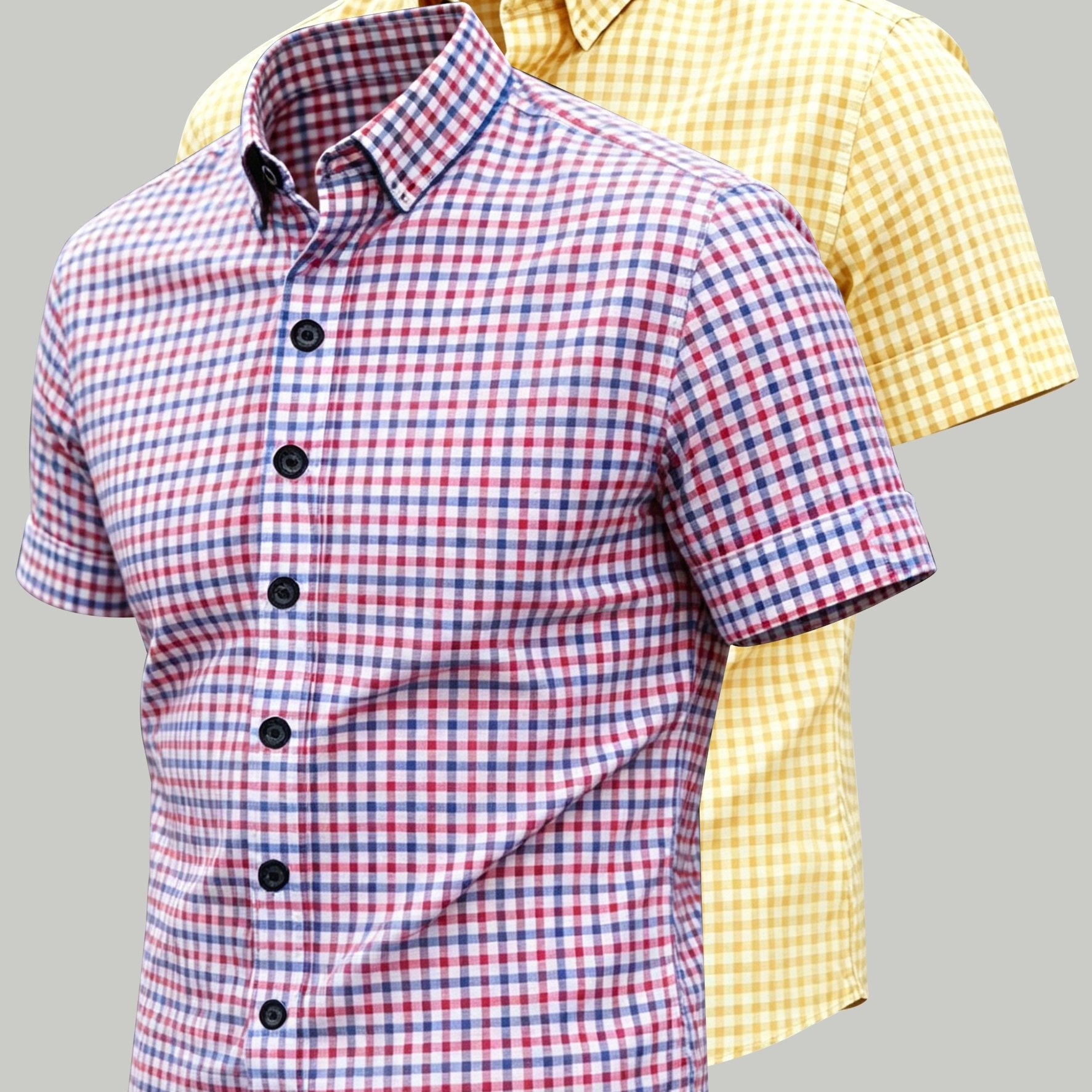TEMU [ And Give Obm] 2pcs Men's Summer Short Sleeve Shirt Set, Casual Button-up Breathable Checkered Shirt, Daily Versatile