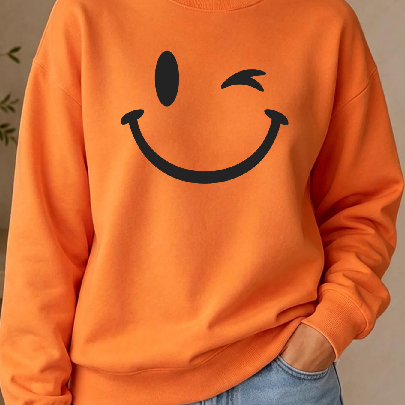 Image of Y2k Women's Fashion Pullover Sweatshirt With Black Smiling Print, Casual Oversized Tee, Minimalist Casual Attire, Machine Washable, Local Stock