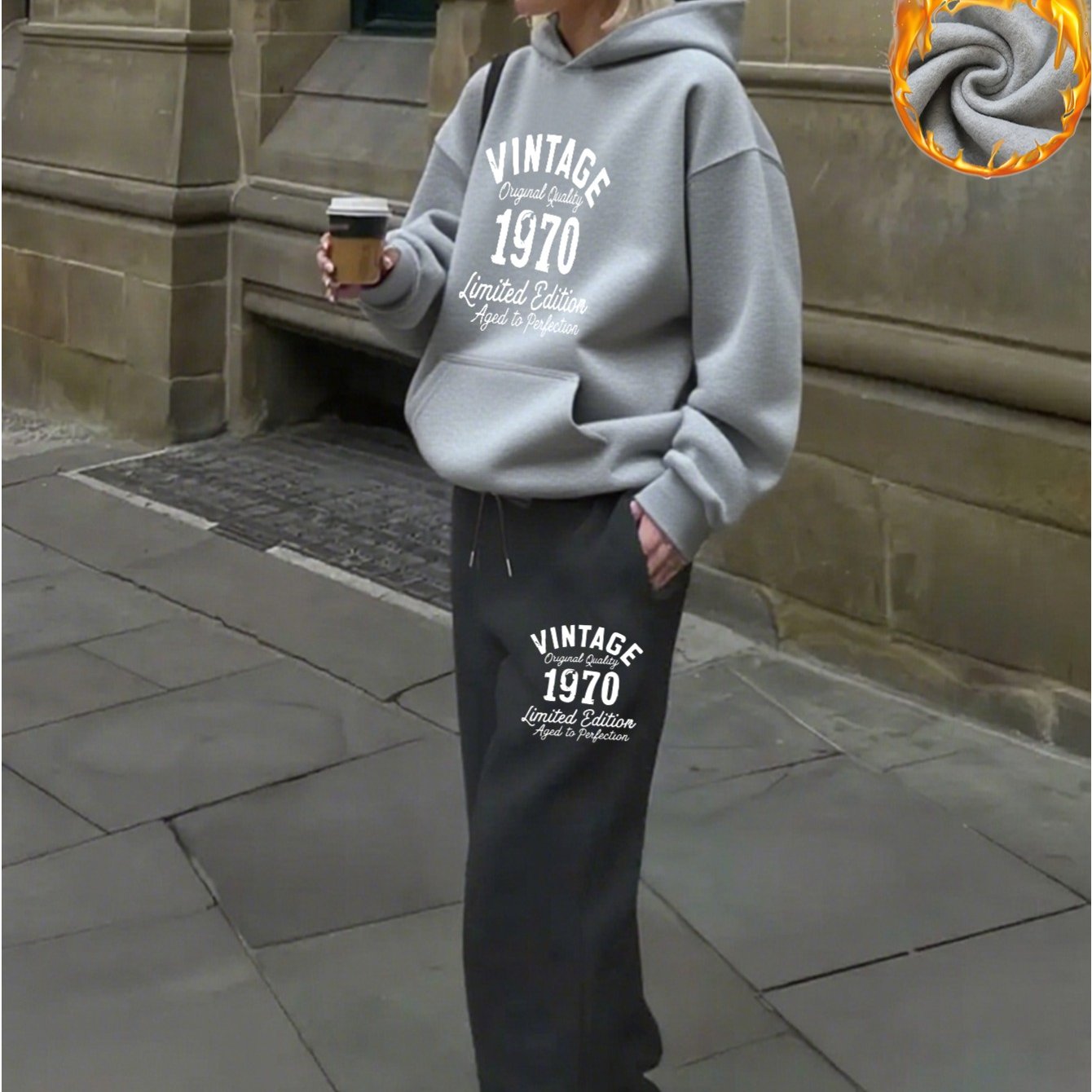 TEMU Set pezzi casual da donna in limitata retr簷 1970, felpa con cappuccio e pantaloni lunghi, design con stampa frontale