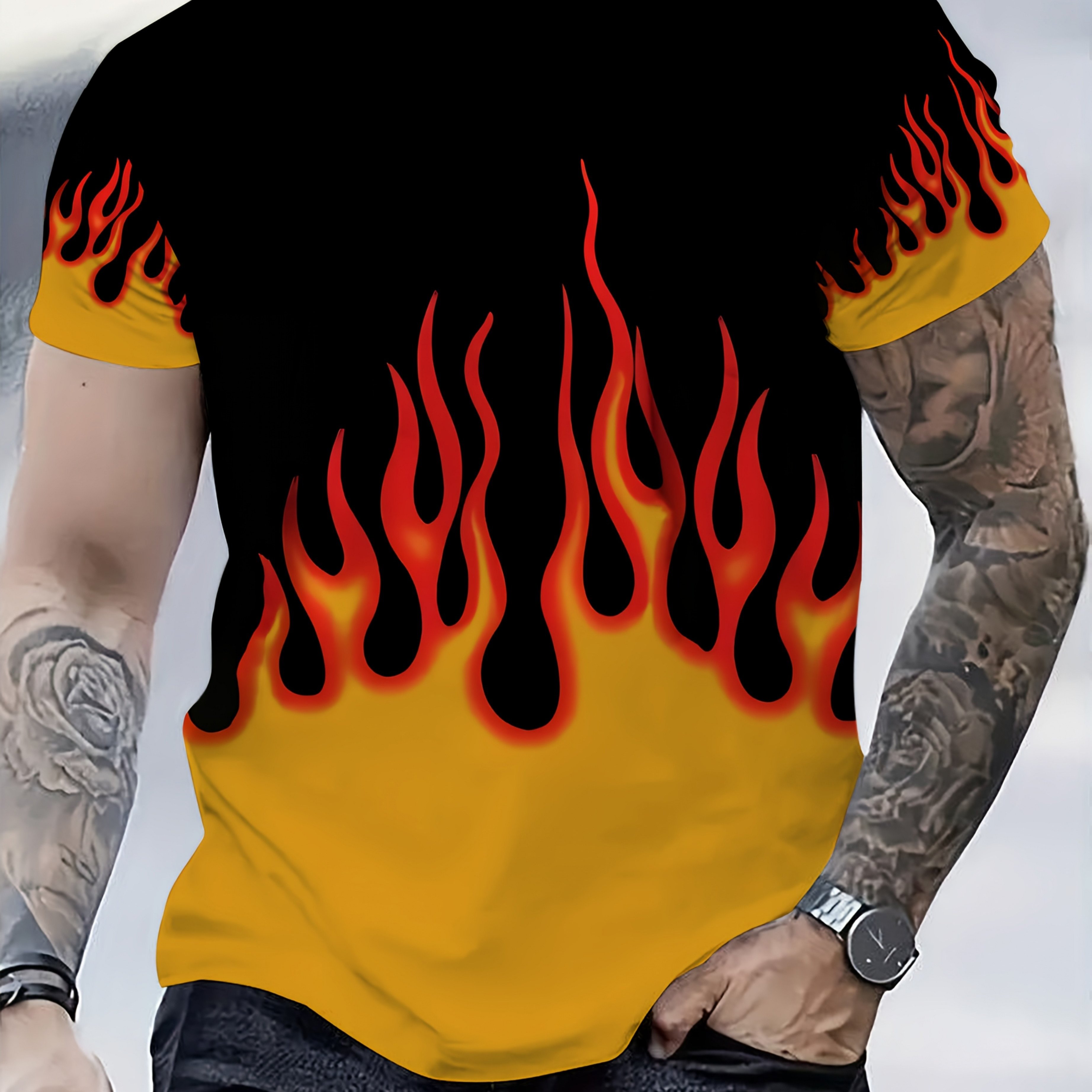 TEMU T-shirt a maniche corte casual da taglie forti con stampa a fiamma, tessuto a maglia, , vestibilit� regular, TAGLIE FORTI