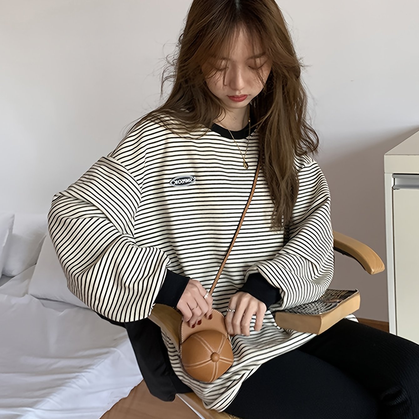 TEMU 春・夏・秋にな万能ストライプ丸首Tシャツ、ゆったりフィットで重ね着や単独着用に最適
