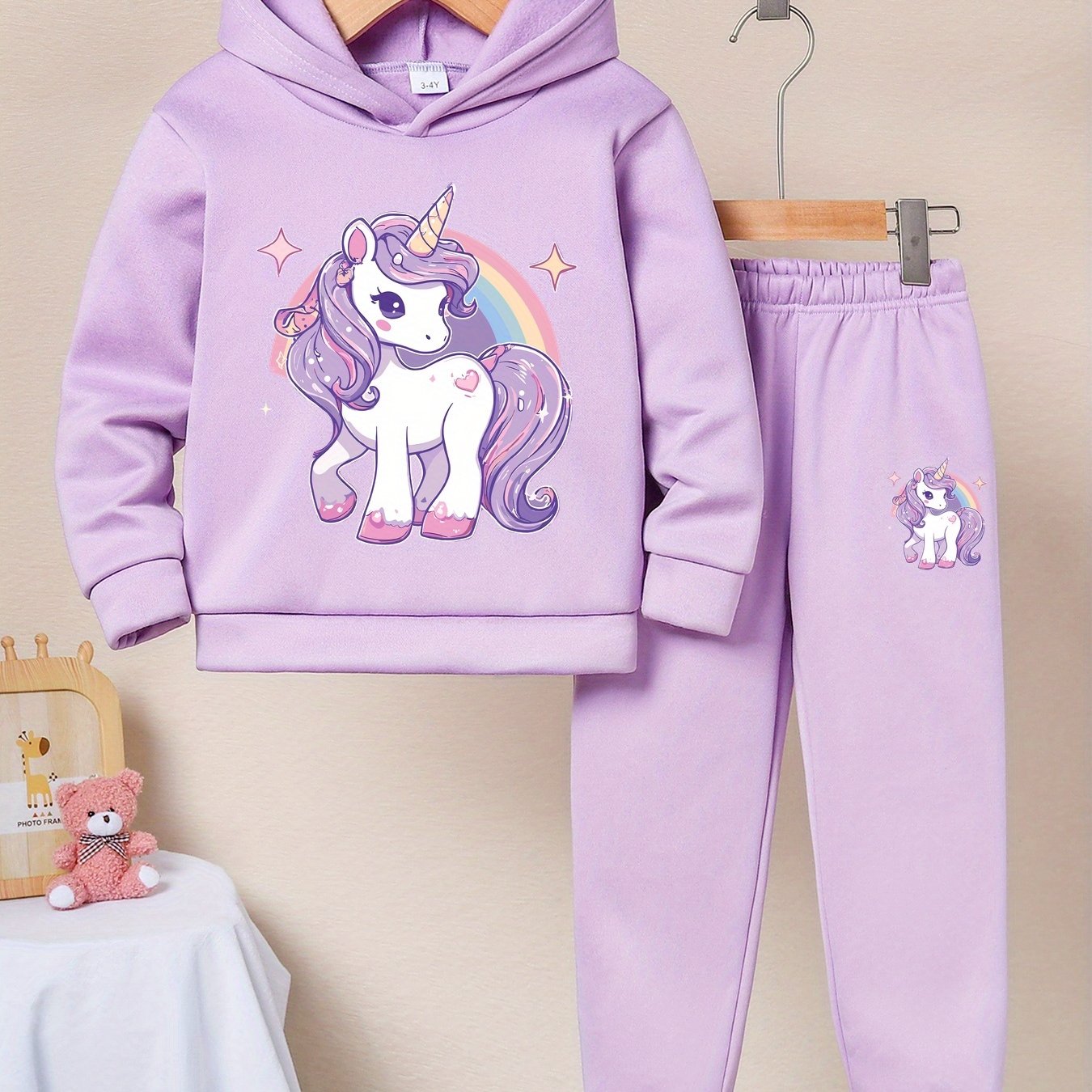 Girls' Unicorn Pattern Long-Sleeve Hoodie and Pants Set