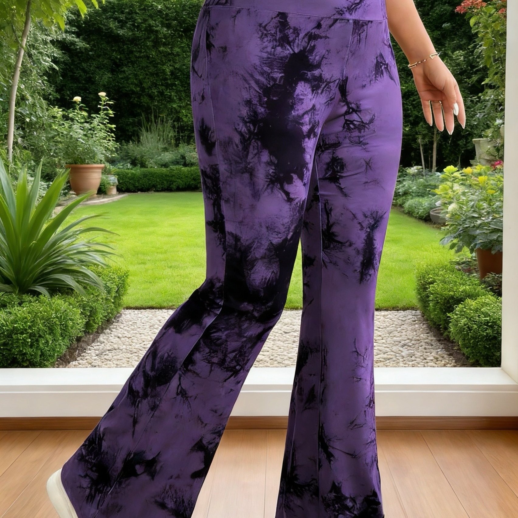 TEMU Plus Size - Plus Size - Plus Size Women's Vintage Purple Tie-dye Flare Jeans, High-waist Flared Stretch Leggings, Casual Wide-leg Trousers
