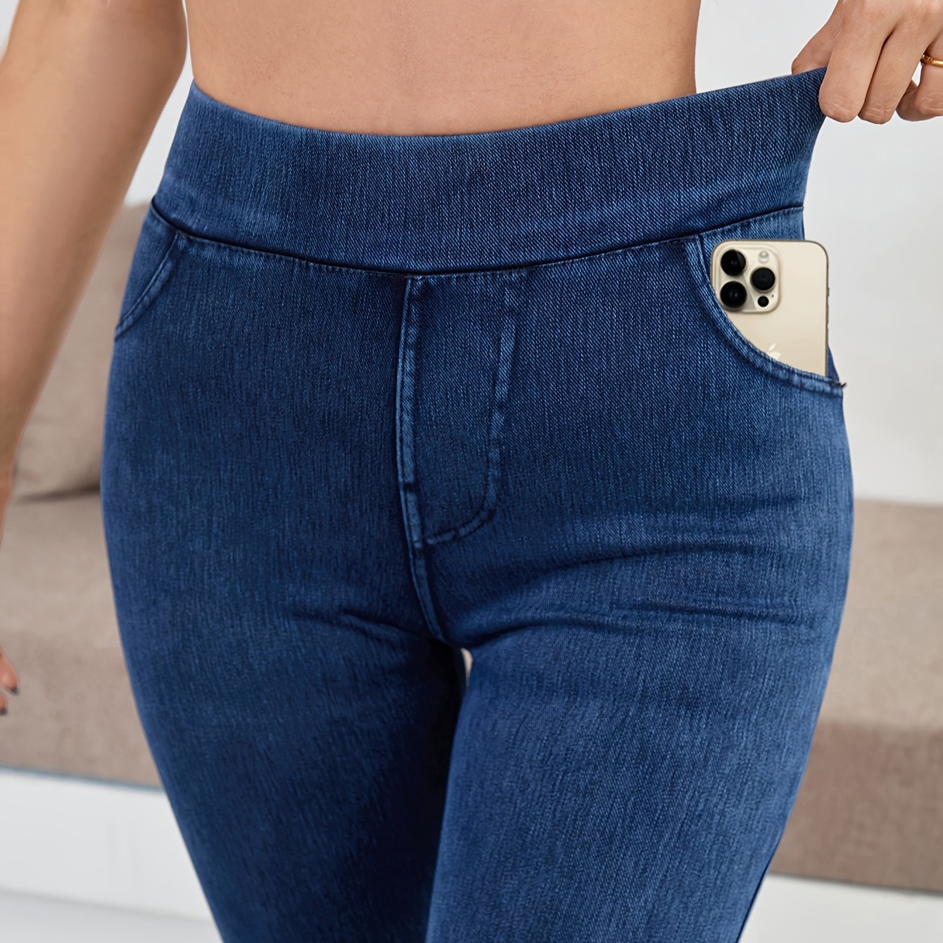 Image of 1pc Of Sporty, Casual, Elegant, High-waisted Jeans, For Women , Solid Color, Elastic Fabric, Slim Fit Design, Washed Effect, Suitable For Wearing In