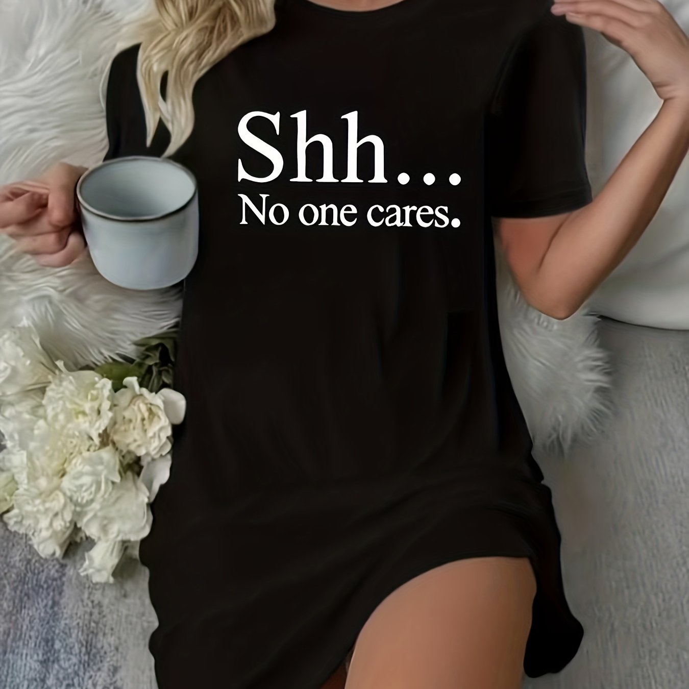 TEMU Shh... No 1 Cares Graphic Print T-shirt Dress - Casual Round Neck, Short Sleeve, Stretch Polyester Blend, Machine Washable - Spring/summer Style