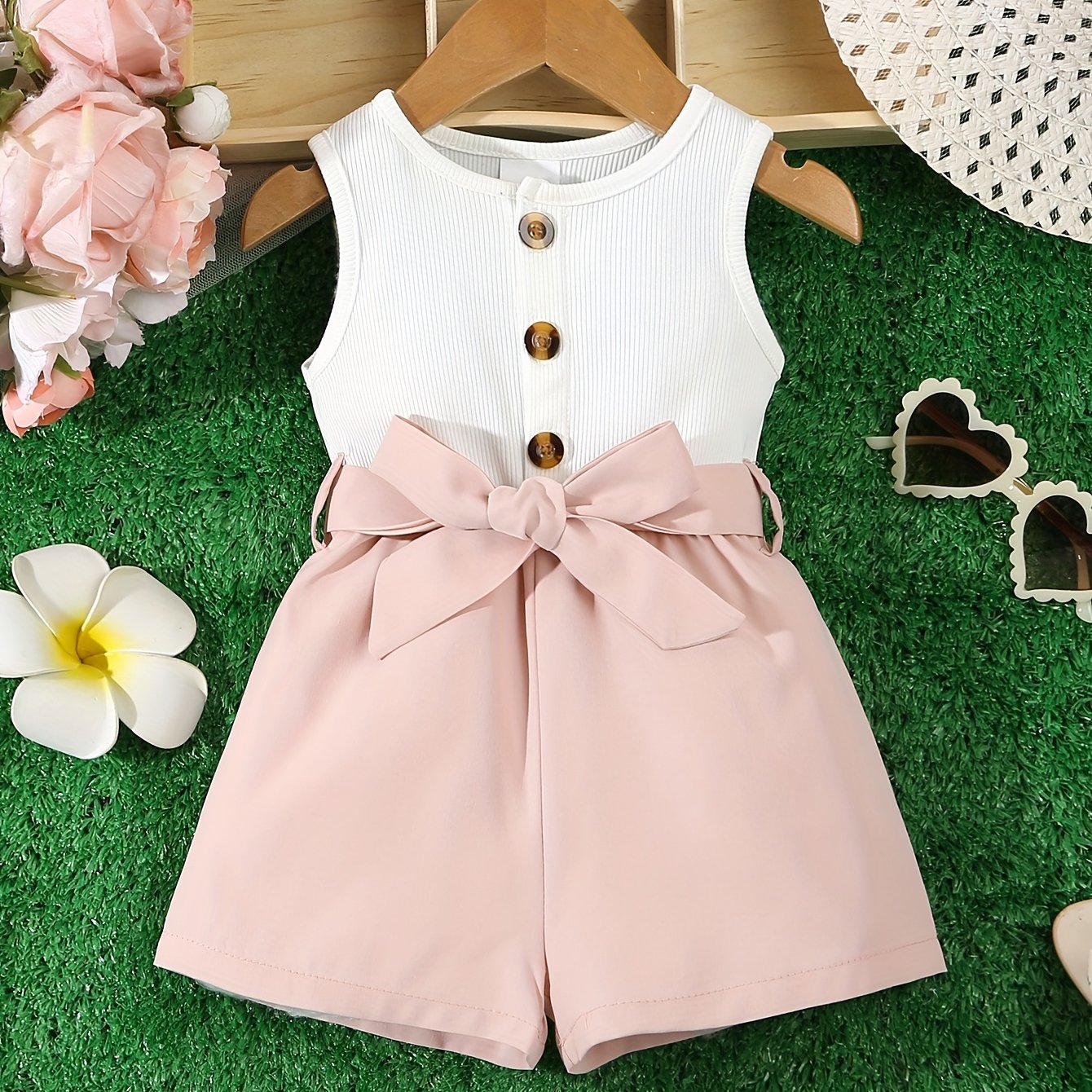 Image of Girls' Sleeveless Button-front Jumpsuit With Color-block And Large Bow Waist Tie For Children's Summer , Perfect For Outdoor, Color-, Graphic Print, , Regular Fit, , Daily Wear