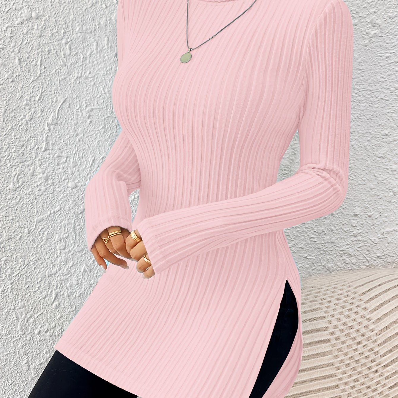 TEMU Women's Elegant High-neck Long Sleeve Turtleneck Top With Side Slit - Solid Color Shirt, Machine Washable Versatile Base Layer For Casual &