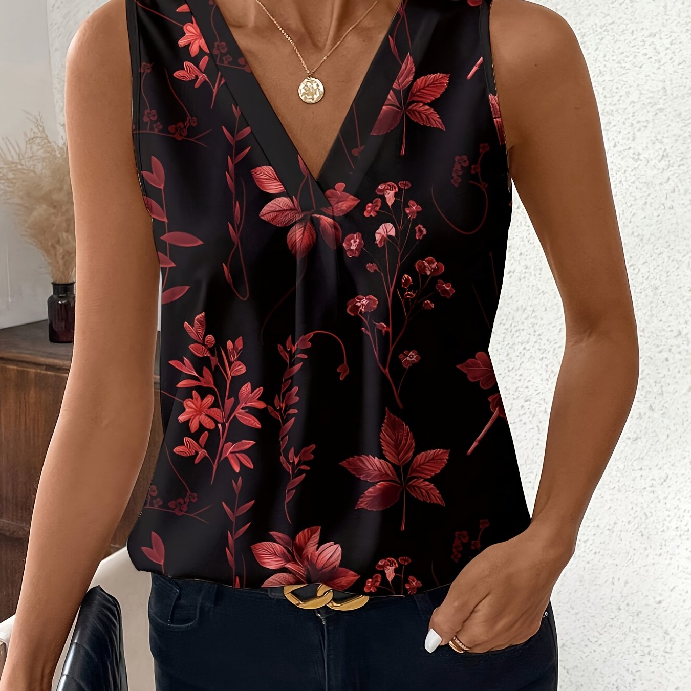 Elegant Vintage Print V-neck Women's Tank Top, Suitable For Spring/summer