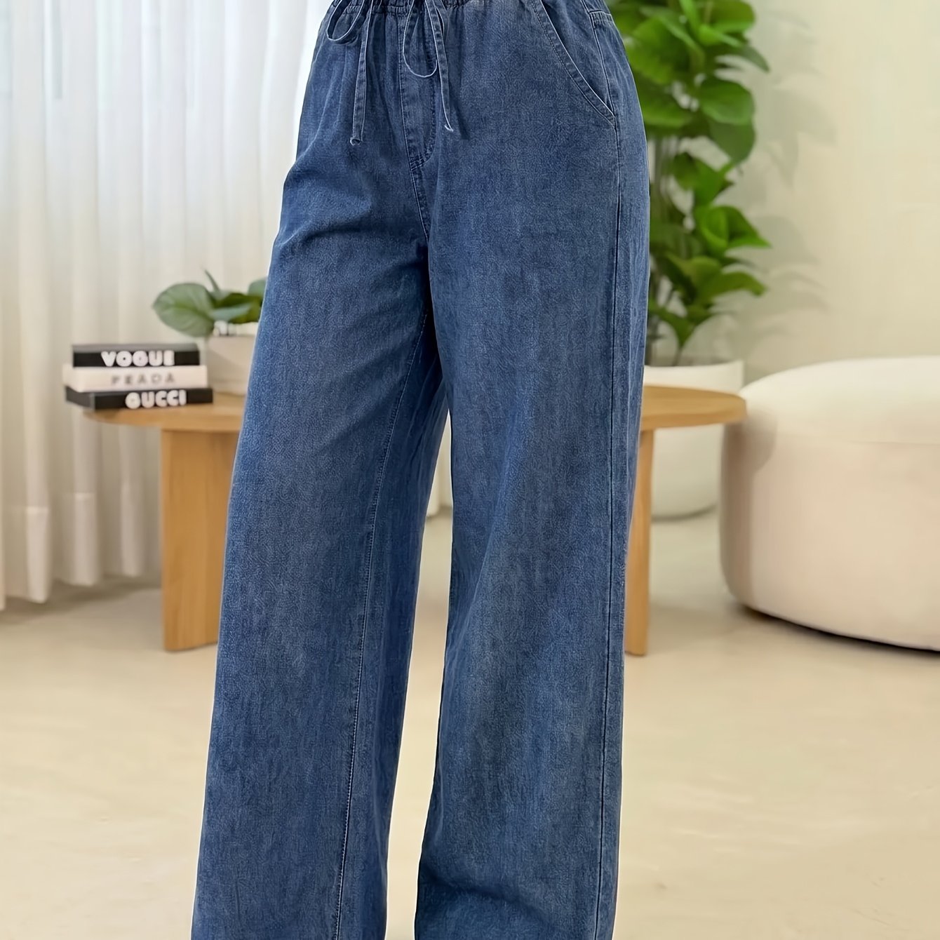 TEMU Pantalones de mezclilla sintética de , color azul profundo , corte holgado con cintura elástica y pliegues, pantalones de mezclilla sintética de