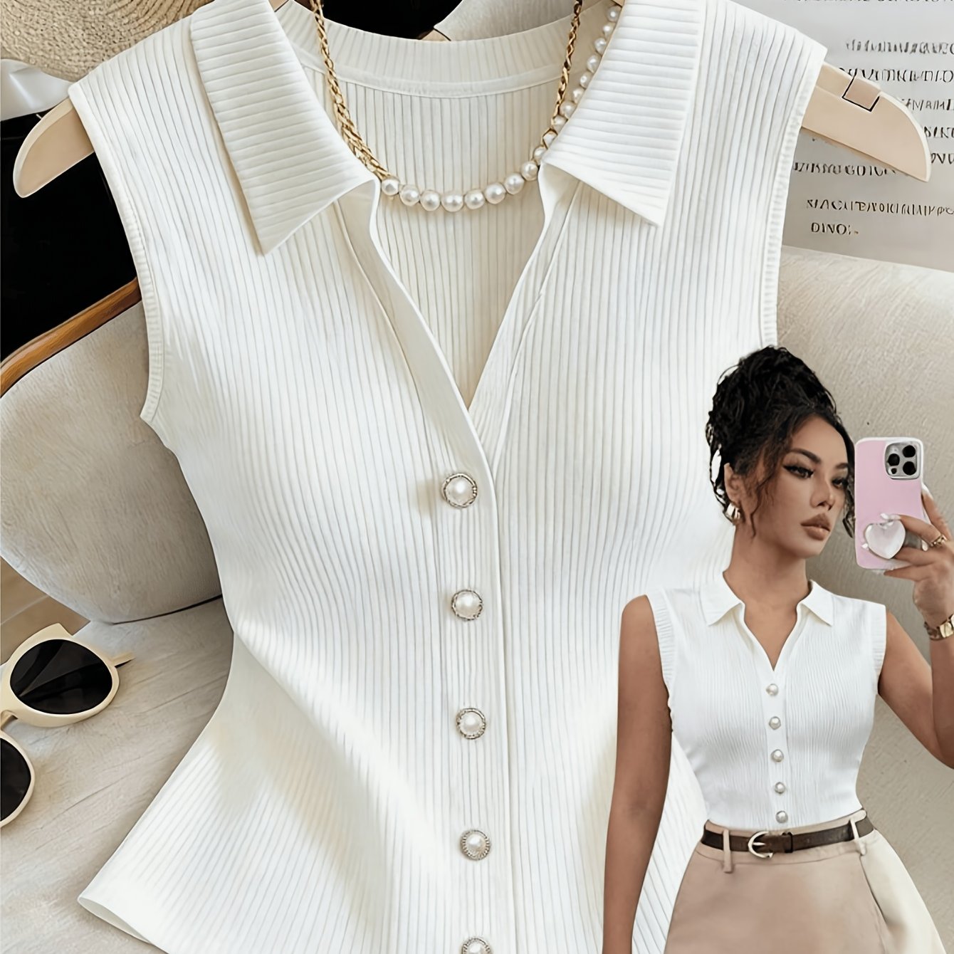 TEMU 1pc Gentle Style Lapel Sleeveless Vest, Vertical Ribbed Slim Fit Pearl Button Waist-cinching Cropped Top, Elegant And Versatile Style For Dates