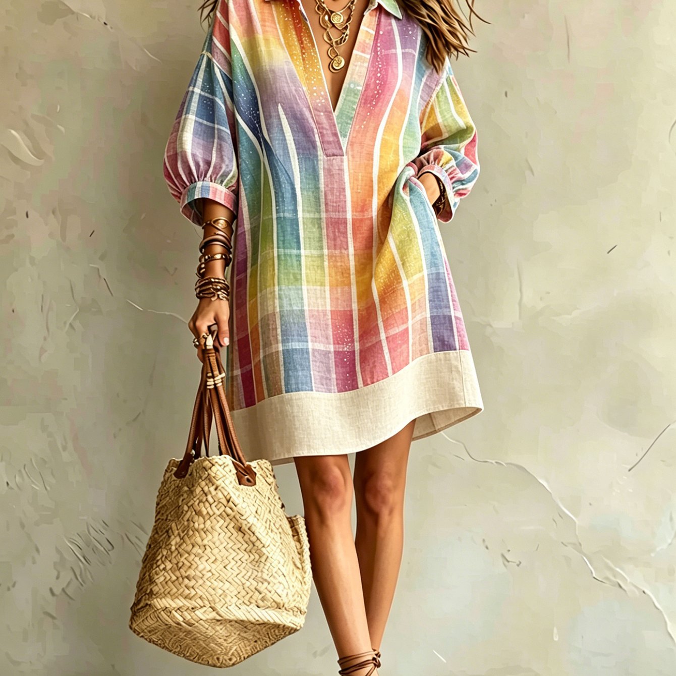 Image of Women's Summer Dress, Summer Rainbow Lapel Loose , Bohemian , Breathable Fabric For And Figure Coverage, Perfect For Daily , Beach Vacations, Beach Parties And Casual Gath