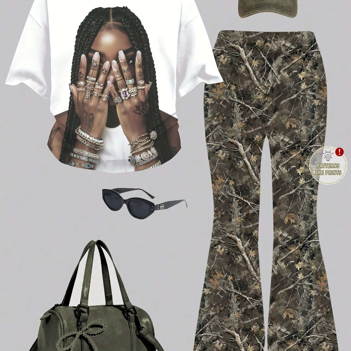TEMU 2pcs Set, Fashionable Cool Girl Teen White Character Print Round Neck Short Sleeve And Camouflage Tree Full Print Flared Pants, Suitable For