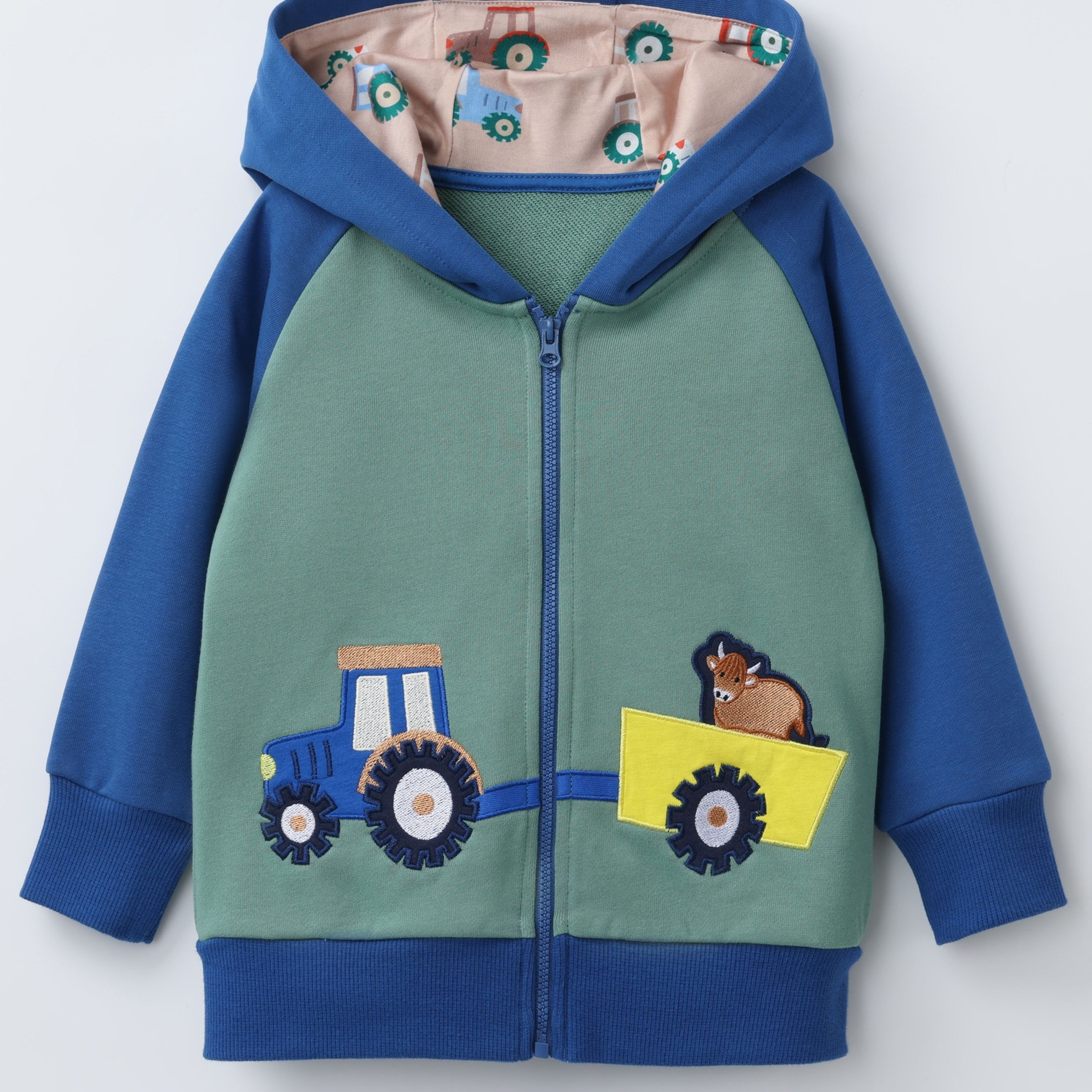 Image of Boys' Embroidered Zip-up Hooded Sweatshirt With Tractor Design, Ages 2-8, Long Sleeve Hoodie For Spring, Autumn, And Winter Casual Wear