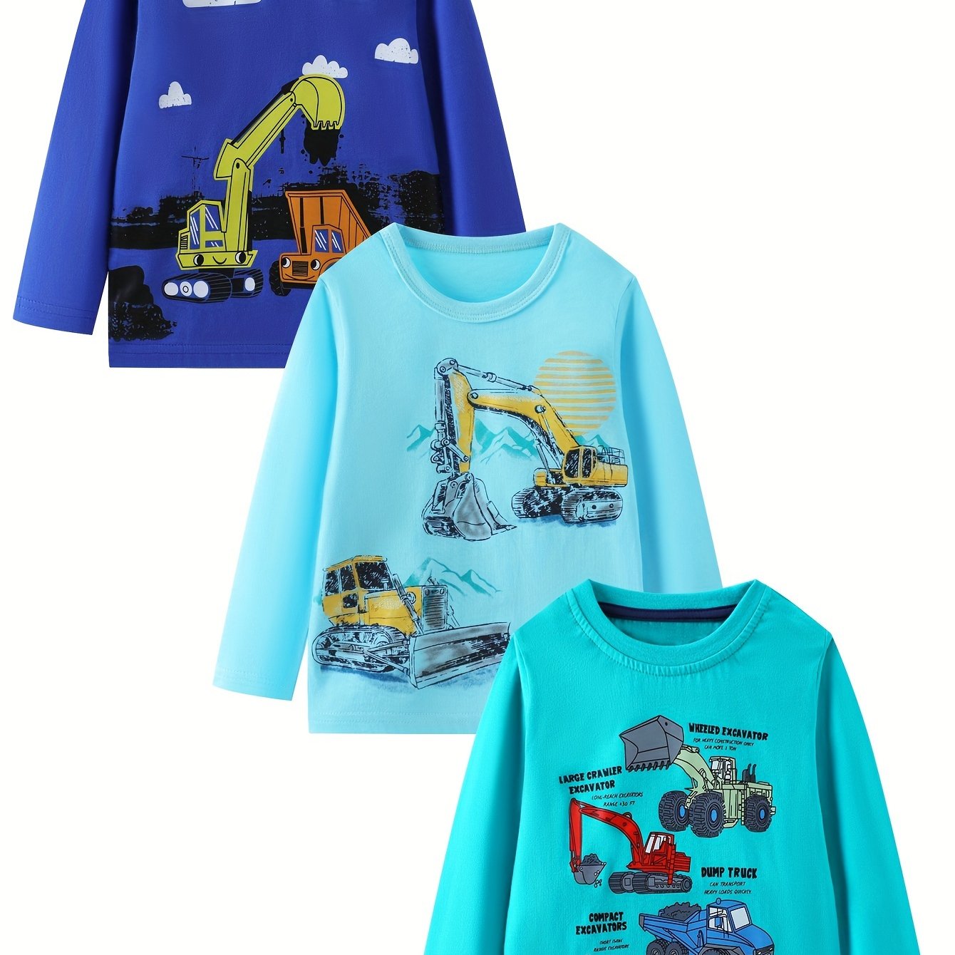 Image of 3pcs Boys' Autumn/winter Long Sleeve T-shirts, Blue Casual Round Neck Tops With Random Excavator Print, Boys' T-shirts