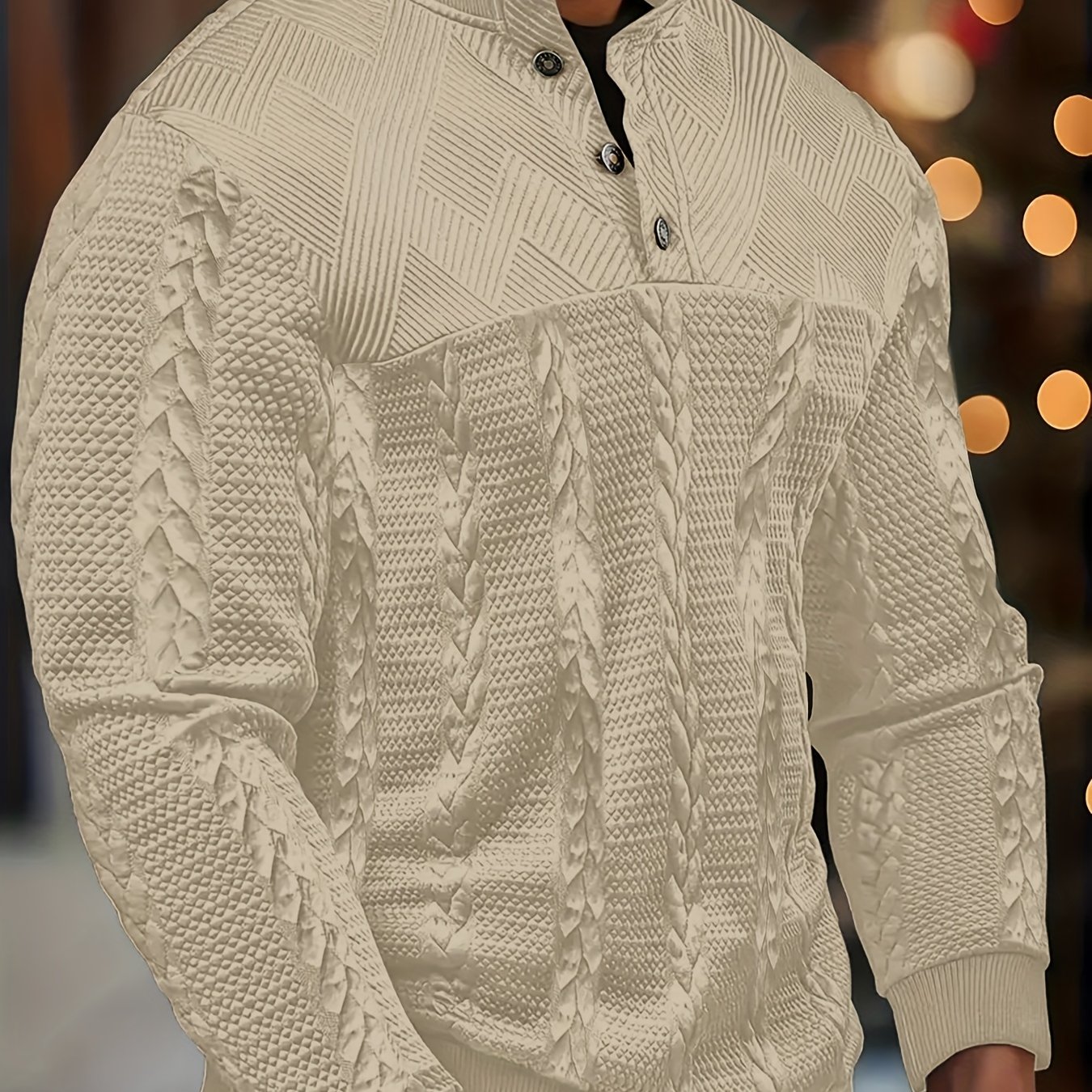 TEMU Men's Henley Shirt, Casual Stand Collar Button-front Long Sleeve Pullover Sweatshirt, Soft Jacquard Knit For Autumn/winter, Suitable For Outdoor