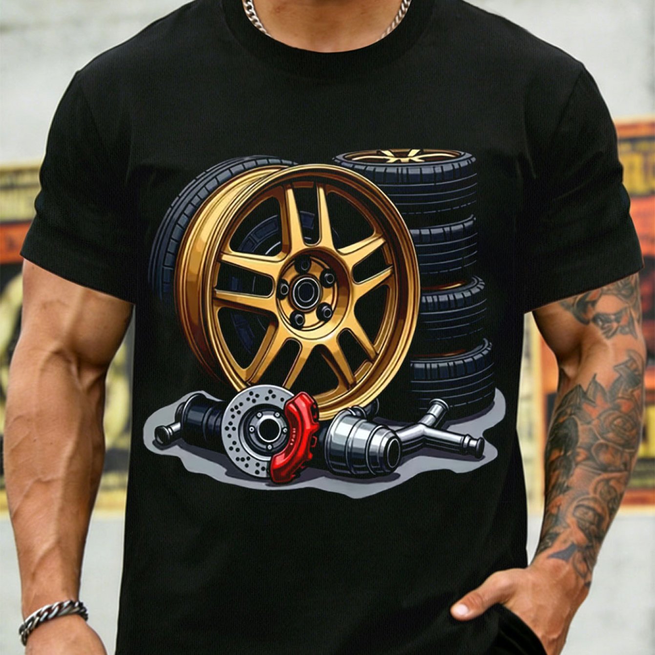 TEMU Men's Plus Size Breathable Quick-dry T-shirt With Car Wheel & Brake Disc Print - Moisture-wicking Short Sleeve Crew Neck Top Suitable For Car