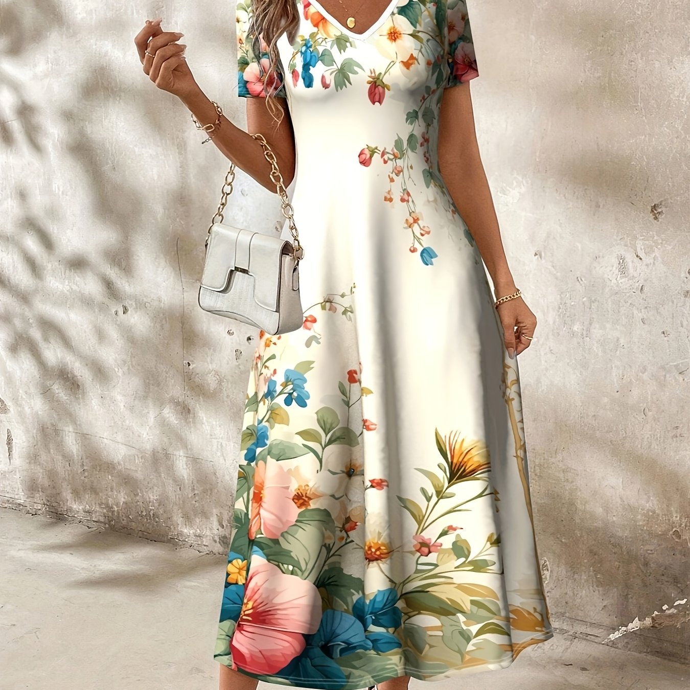 E-shop Lässiges Mode Kleid mit Blumenmuster und Rundhalsausschnitt, lässiges Kurzarm-Kleid mit , geeignet für Frühling und Sommer, Damenbekleidung