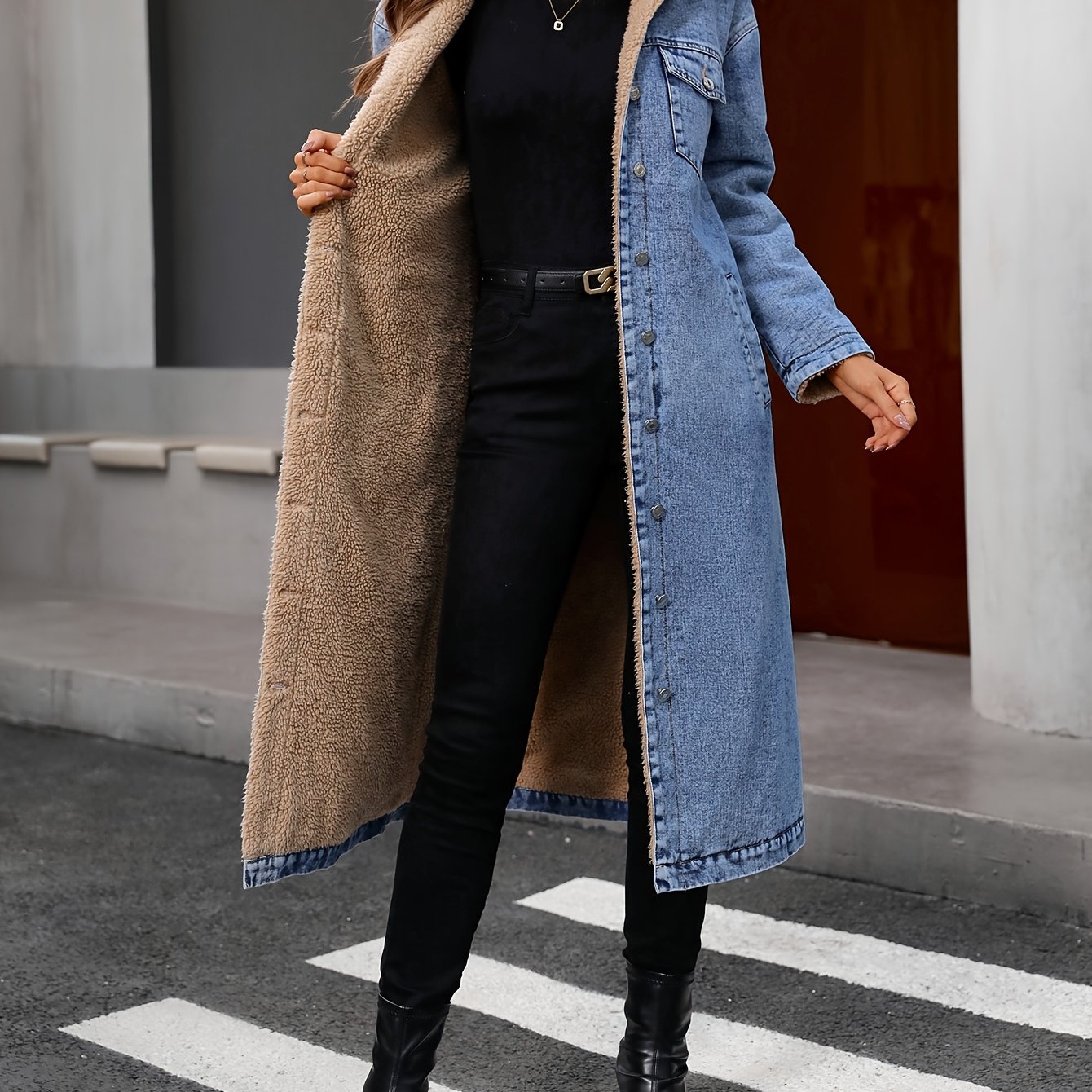 Women's Autumn And Winter Long Lapel Fleece-lined Denim Jacket Coat