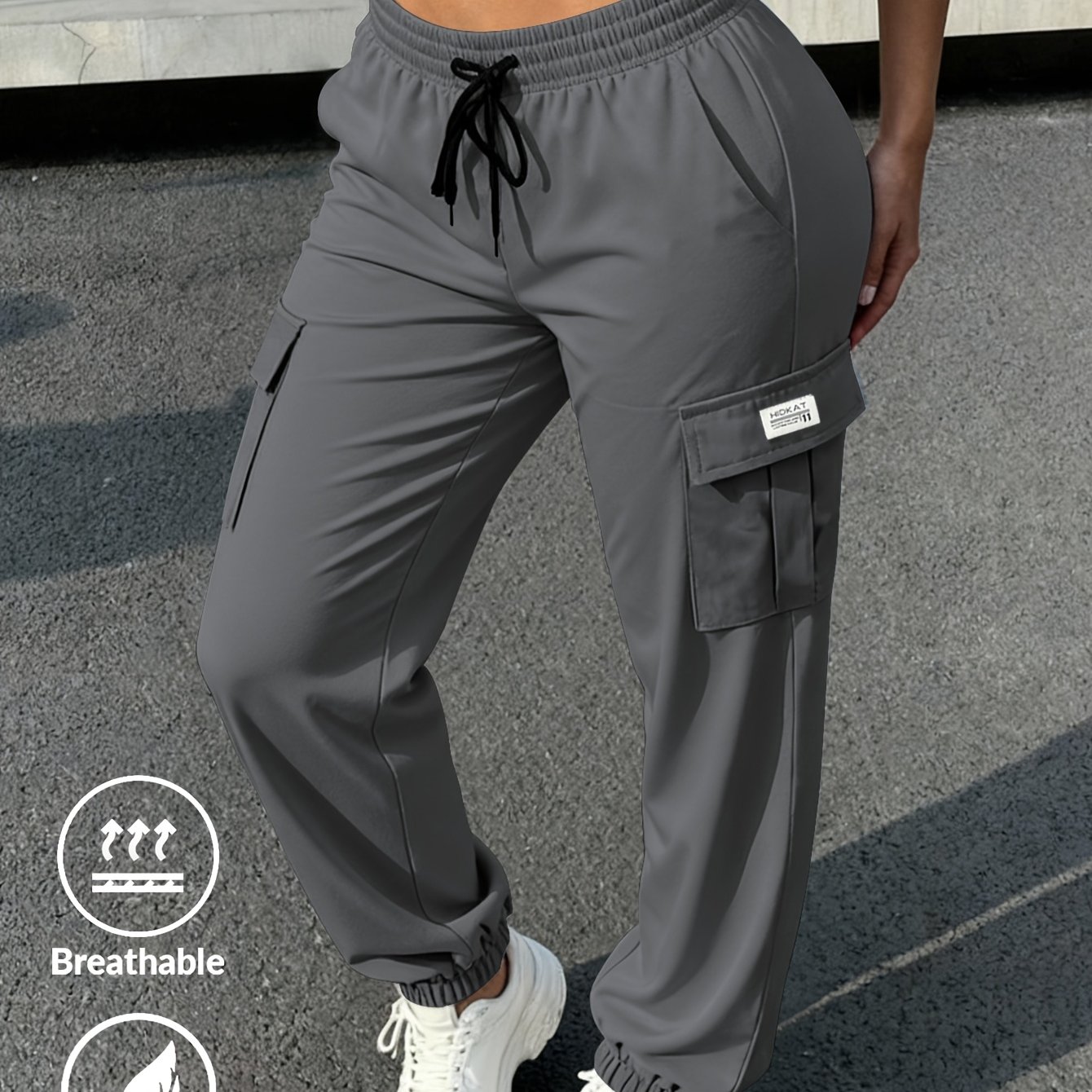 Image of Women's Fashionable Casual Trendy Solid Color Lightweight Breathable Cargo Pants With Drawstring Waist And Large Pockets, Suitable For Sports, Streetwear, And Daily Wear