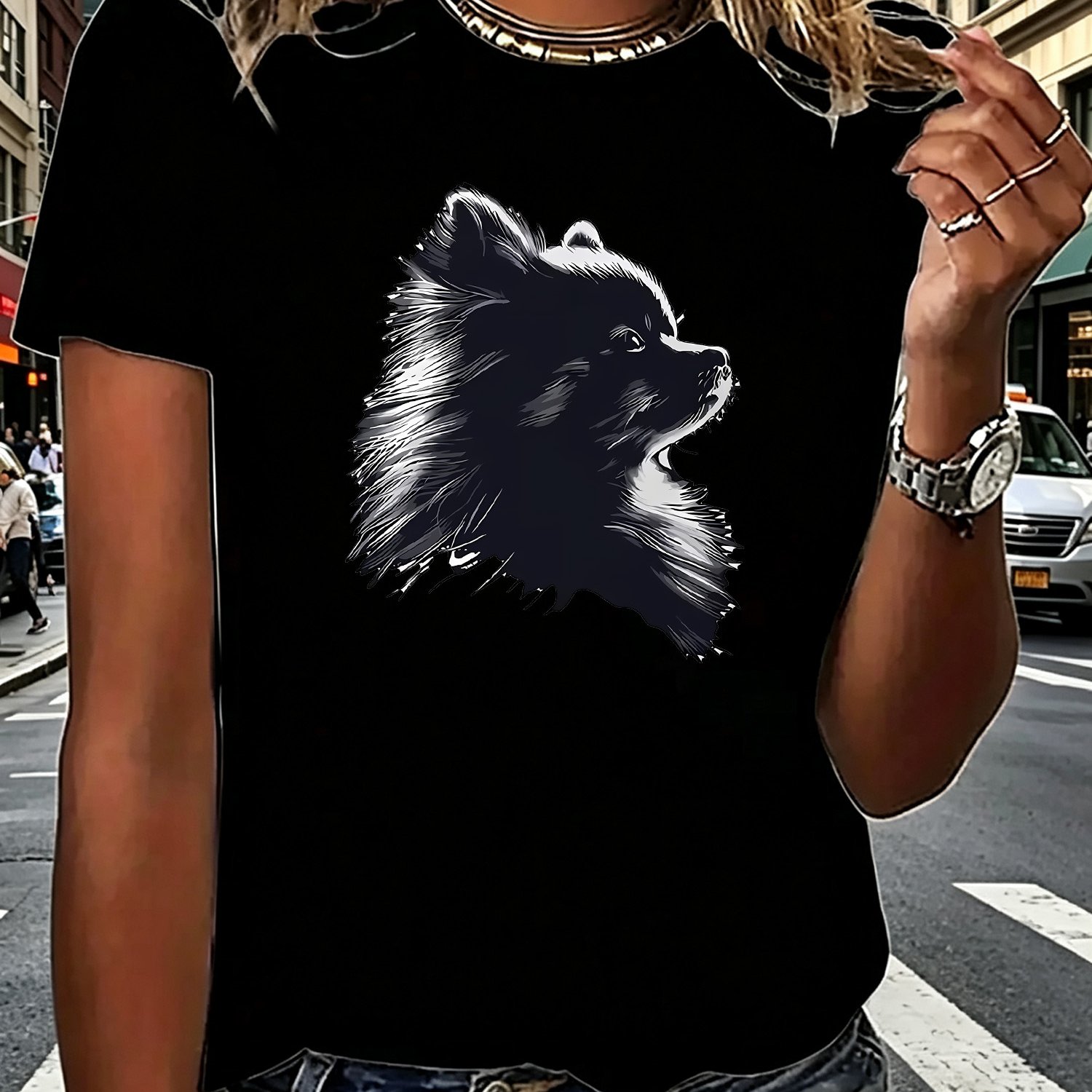 TEMU Womens Casual Sport T-shirt With Stylish Pomeranian Dog Print, Short Sleeve, , Perfect For Daily Wear Activities.