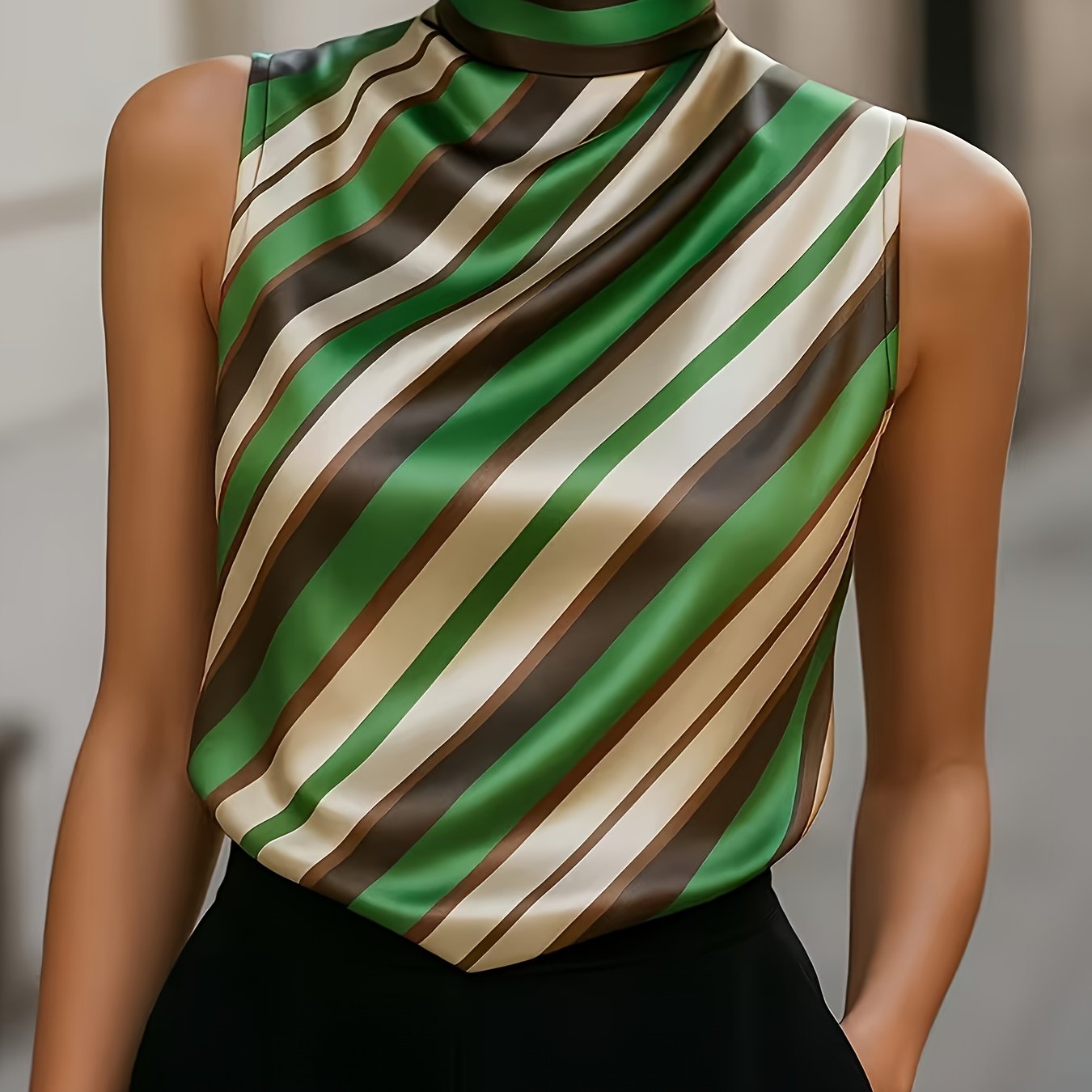 TEMU Elegant Designer Commuter Notched Lapel Striped Print Satin Sleeveless Blouse For Women
