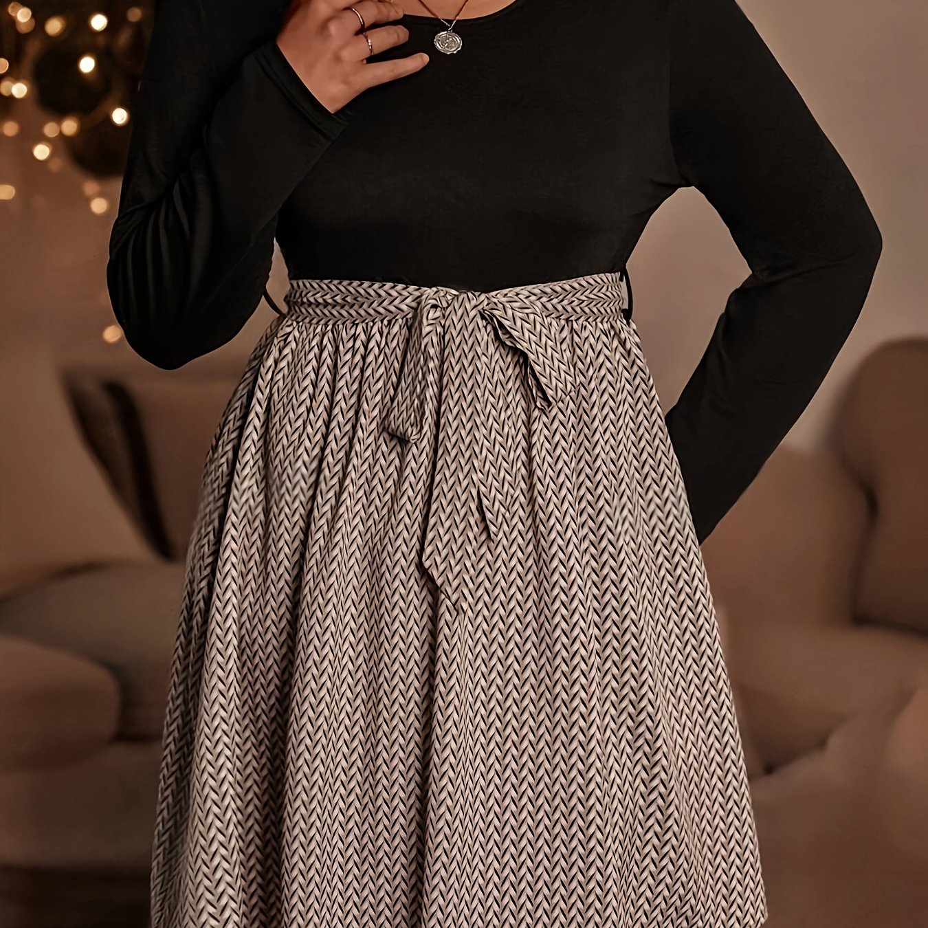 Plus Size, Plus-size Dress With Belt Pattern Print