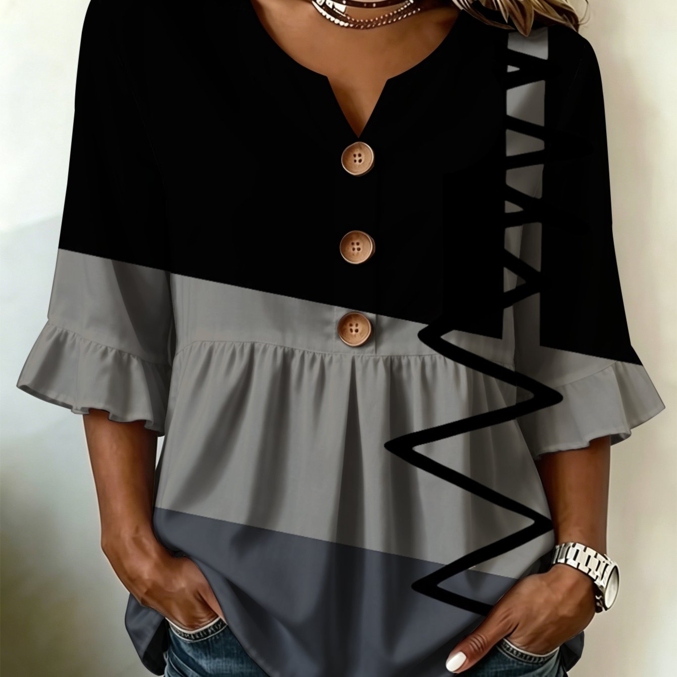 Image of Women's -neck Shirt With Flared Bell Sleeves - Loose Fit Asymmetrical Hem Button-front Collar Button Button Panel Suitable For Fall Layering, Sizes S-2xl, Machine Washable Gift For Mom Sister