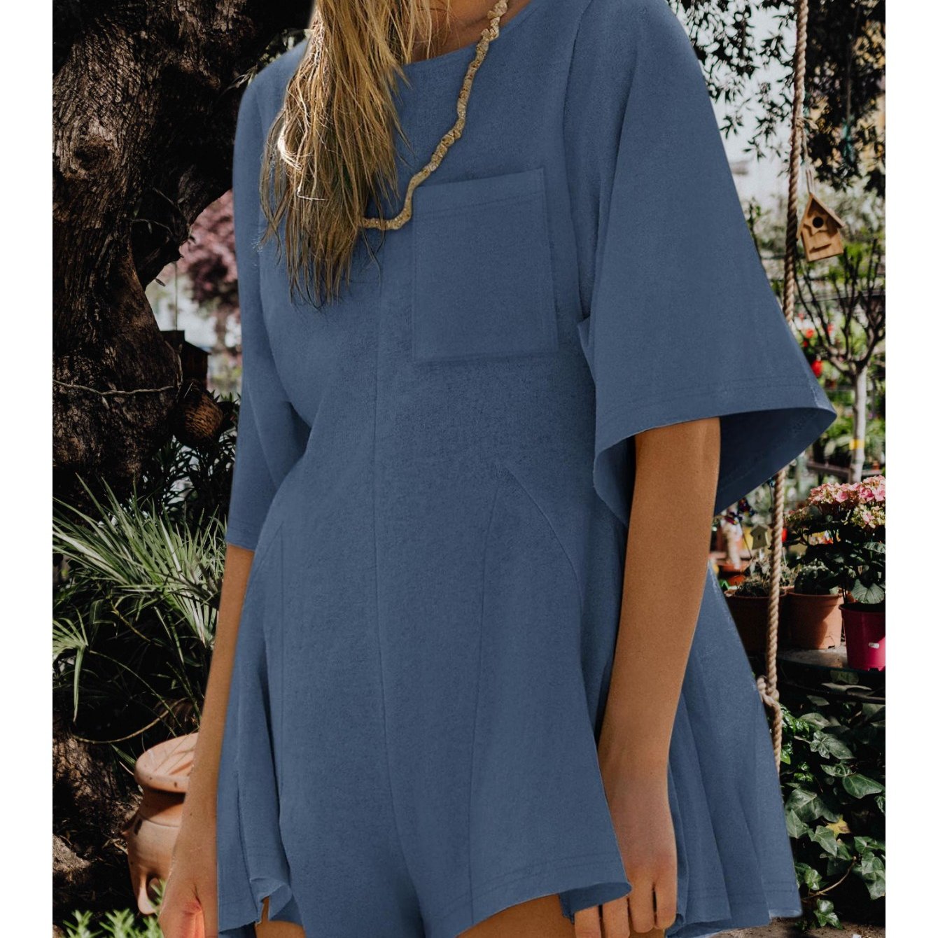Image of Rompers For Women Summer Outfits Slim Fit Short Sleeve Crew Neck Jumpsuits With Pocket