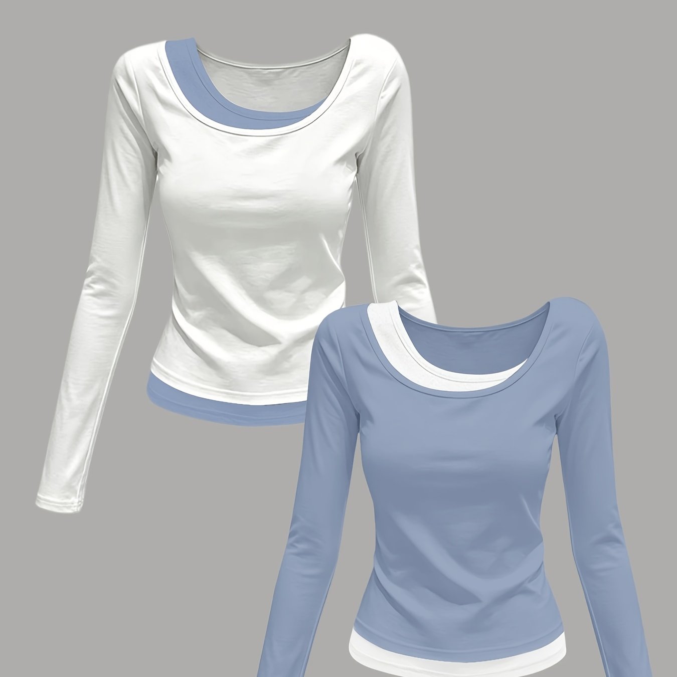 TEMU Women's Fitted Solid Color Long Sleeve T-shirt 2pcs Set - Fabric, Round Neck, Casual For Travel