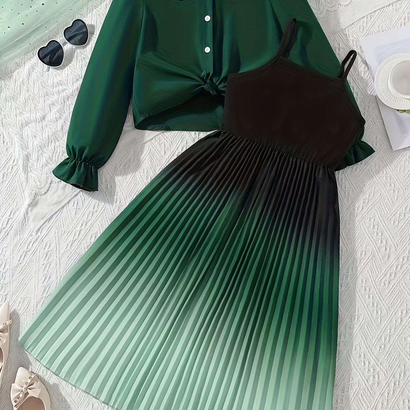 Image of Girls' Fashion Elegant Dress Set, Moss Green Gradient Pleated Cami Dress And Solid Long Sleeve Shirt, Casual Vacation Party Temperament, Style, For Outdoor, Halloween