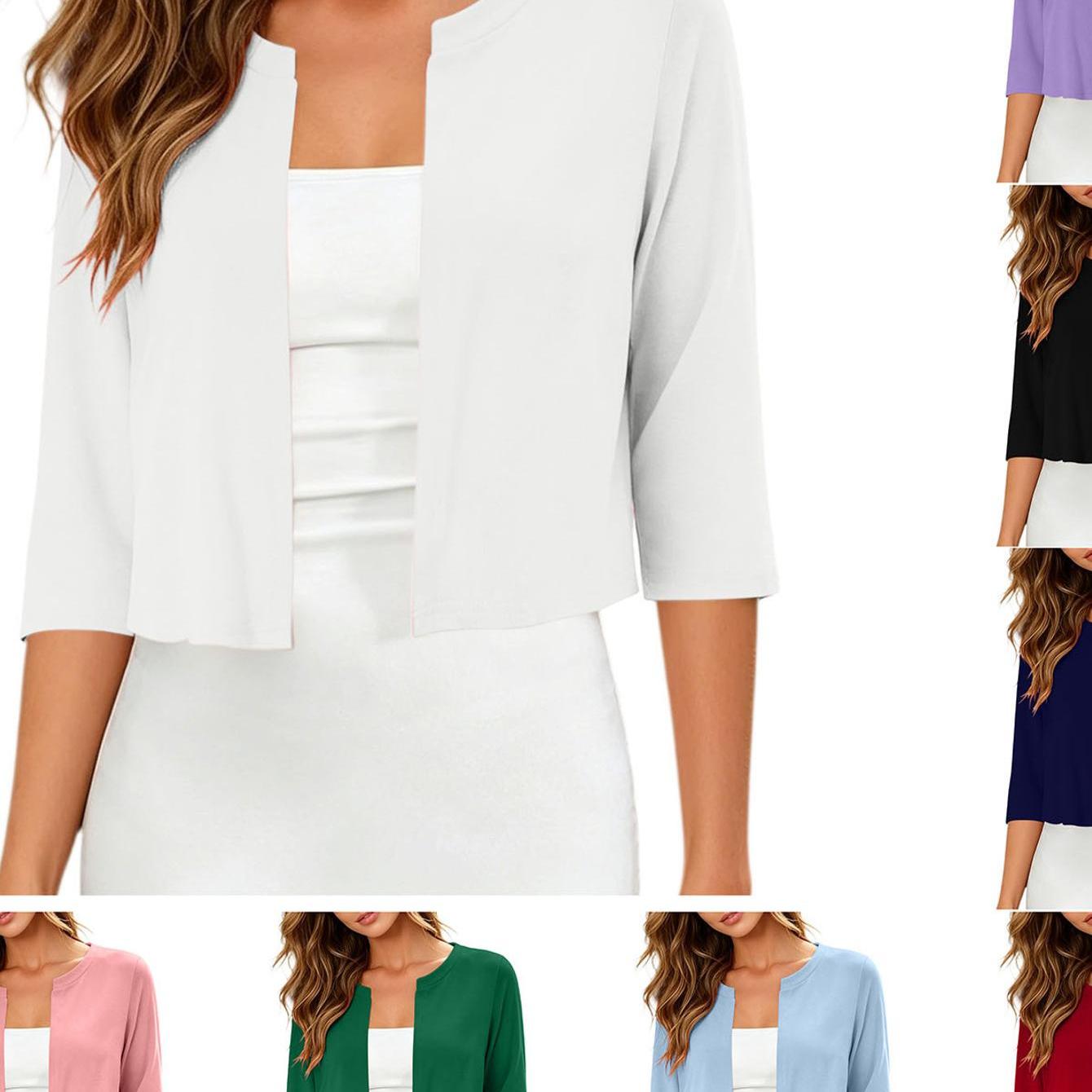 Image of Women Round Neck 3/4 Sleeve Cropped Cardigan, Solid Color Open Front Design Slim Fit Silhouette Lightweight Breathable Fabric Casual Summer Layering Shrug For Females