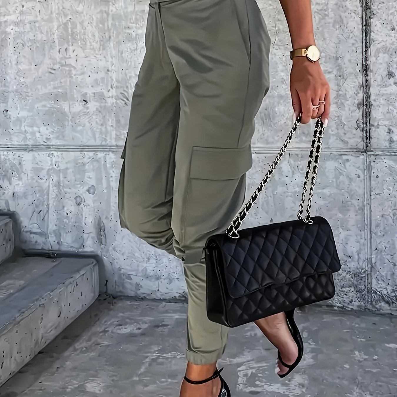 TEMU Women's High-waist Dual-button Casual Cargo Joggers - Olive Green, Polyester, Machine Washable, Wear