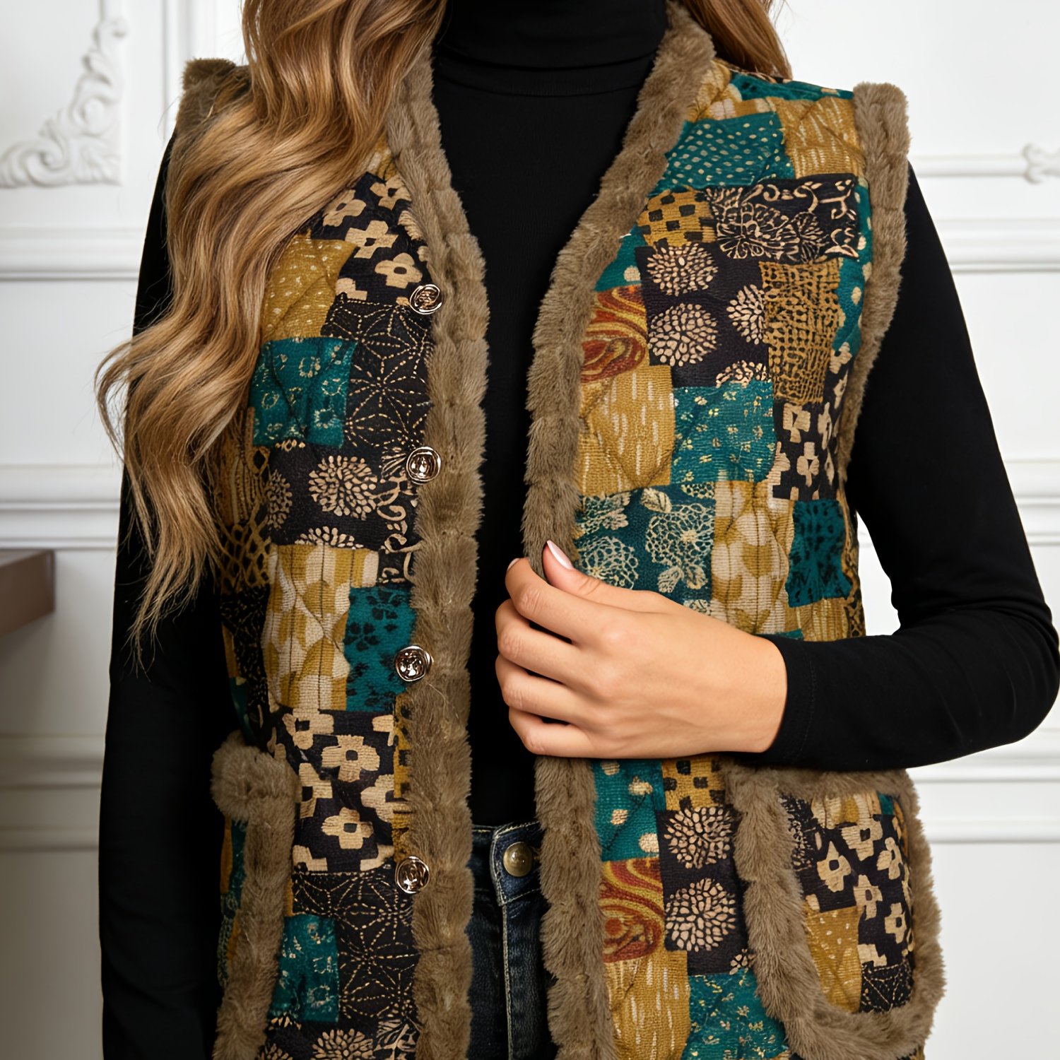 TEMU Autumn Winter Women's Vintage Plush Trimmed Vest, Button-up Closure, Fleece Lined Material, Classic Fashion, Holiday Gift And Daily Commute,
