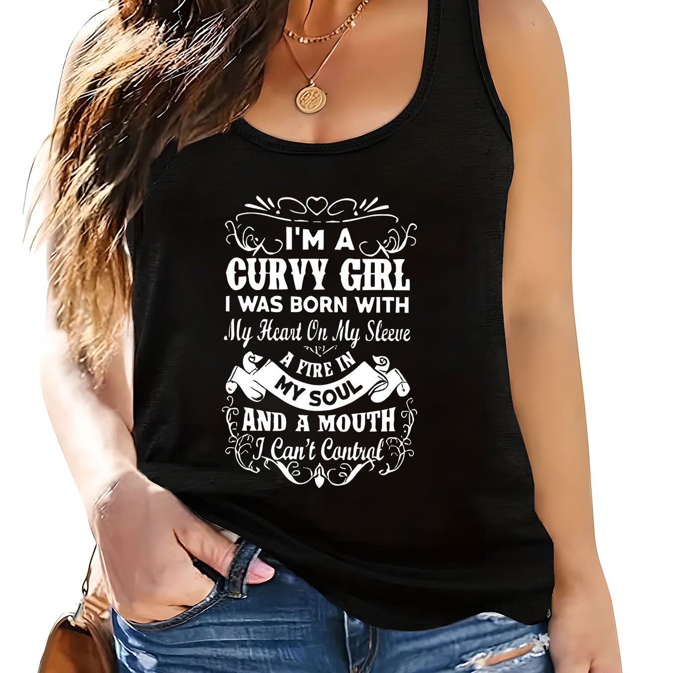 TEMU Plus Size - Plus Size - Ladies' Casual Round Neck Plus Size Sleeveless Tank Top Featuring A Curvy Graphic Print, Made From A Of And. This