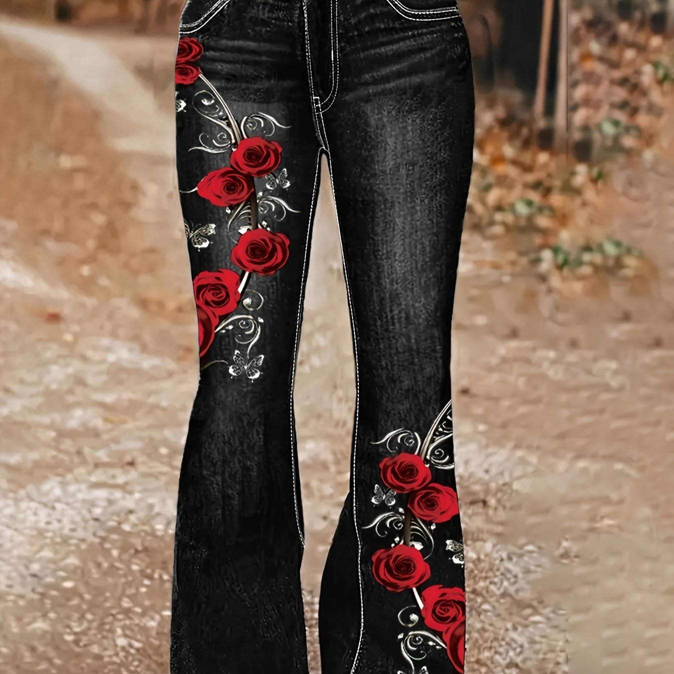 TEMU [printed Pants - Not Faux Denim Fabric]printed Flare Faux Denim - Non-faux Denim Fabric, Women's Trousers, Faux Denim Floral Print Flares For