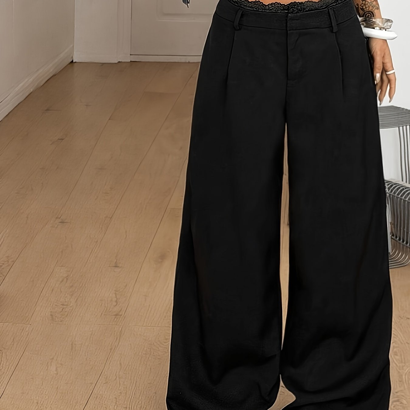 TEMU Women's Streetwear Business Casual Elegant Date Night Office Wear Chic Minimalist Contrast Lace Black Pants