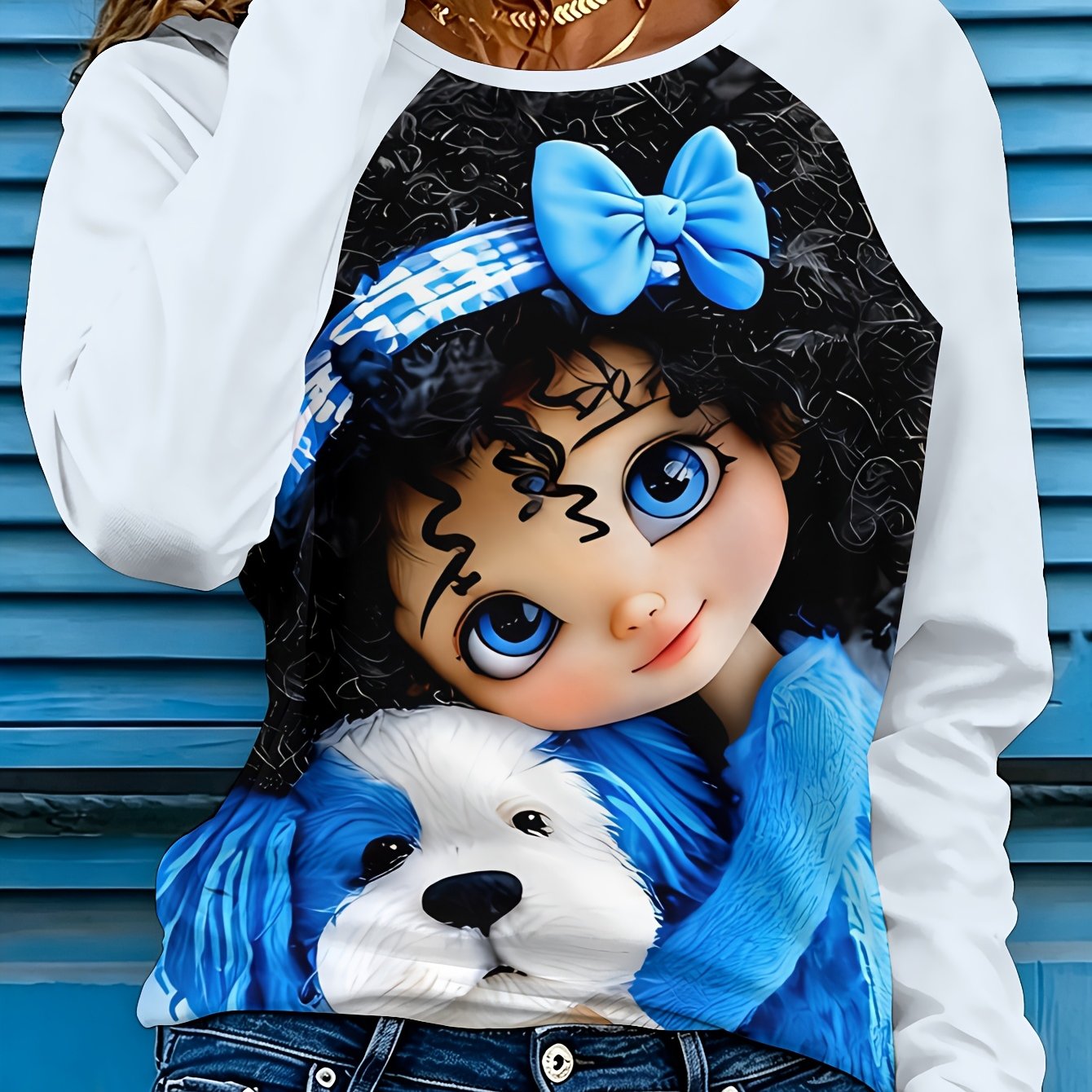 TEMU Spring And Autumn Women's Long-sleeve T-shirt Featuring A Doll With Black Curly Hair And Holding A Blue And White Puppy, Dressed In Blue With