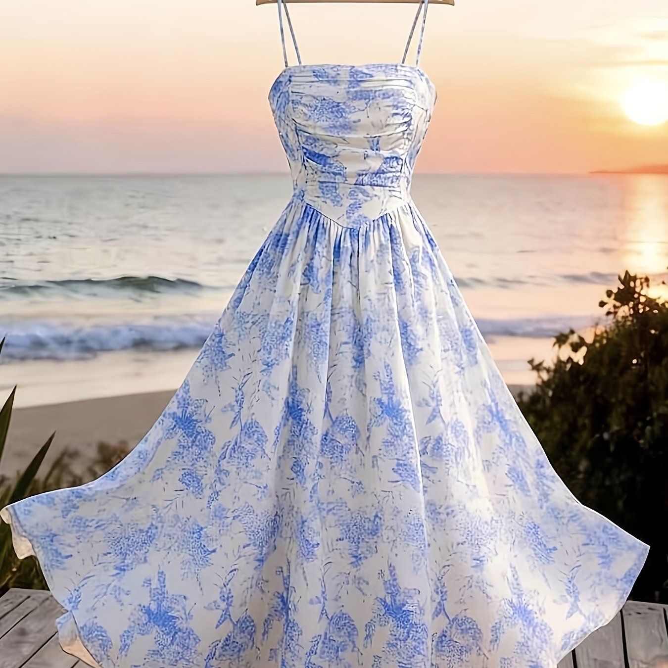 TEMU Elegant Temperament/spaghetti Strap/ruched Front/smocked Back/floral Print Dress/waist-cinching/slim Fit/gentle//suitable For