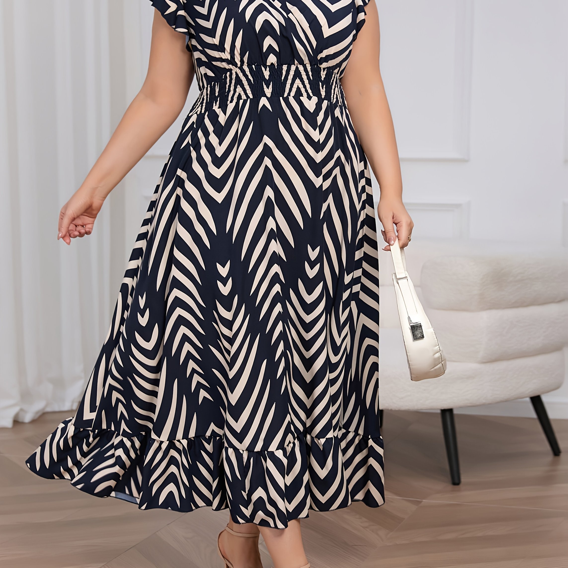 TEMU Plus Size, Plus Size Summer Long Dress With Short Sleeves, Striped Front And Back, Gathered Cuffs, Hem, Large Hem, Elegant, Comfortable, Trendy,