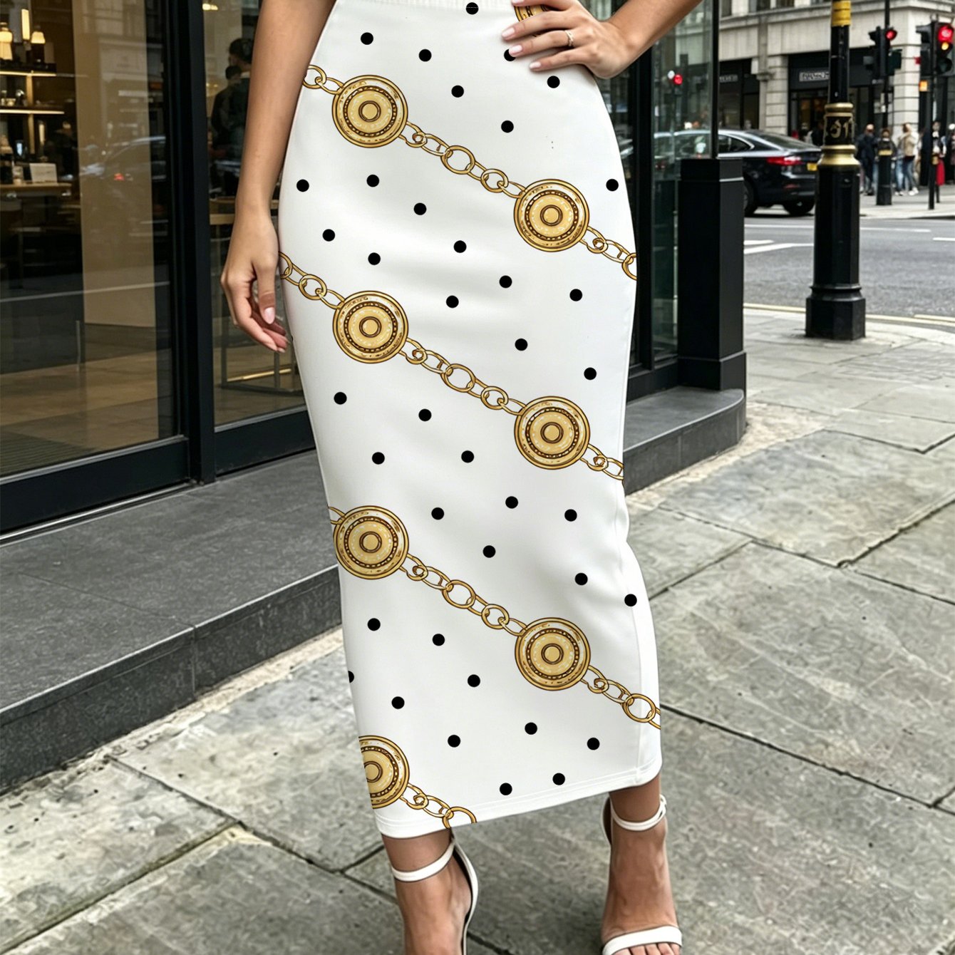 TEMU Polka Dot Women's Printed Medium To Long Tight Fitting Hip Hugging Skirt Shopping Travel Party Casual Wear