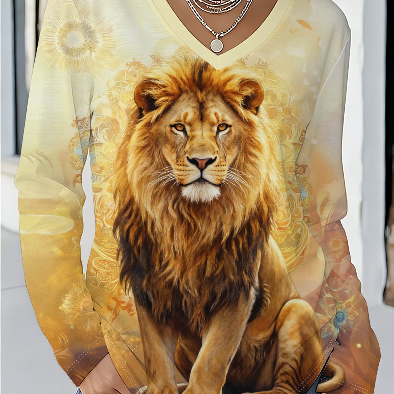 TEMU Plus Size - Plus Size - Western Cross-border Overbearing Lion Print V-neck Long Sleeve T-shirt, Warm Yellow Gradient Base With Lion And Vintage