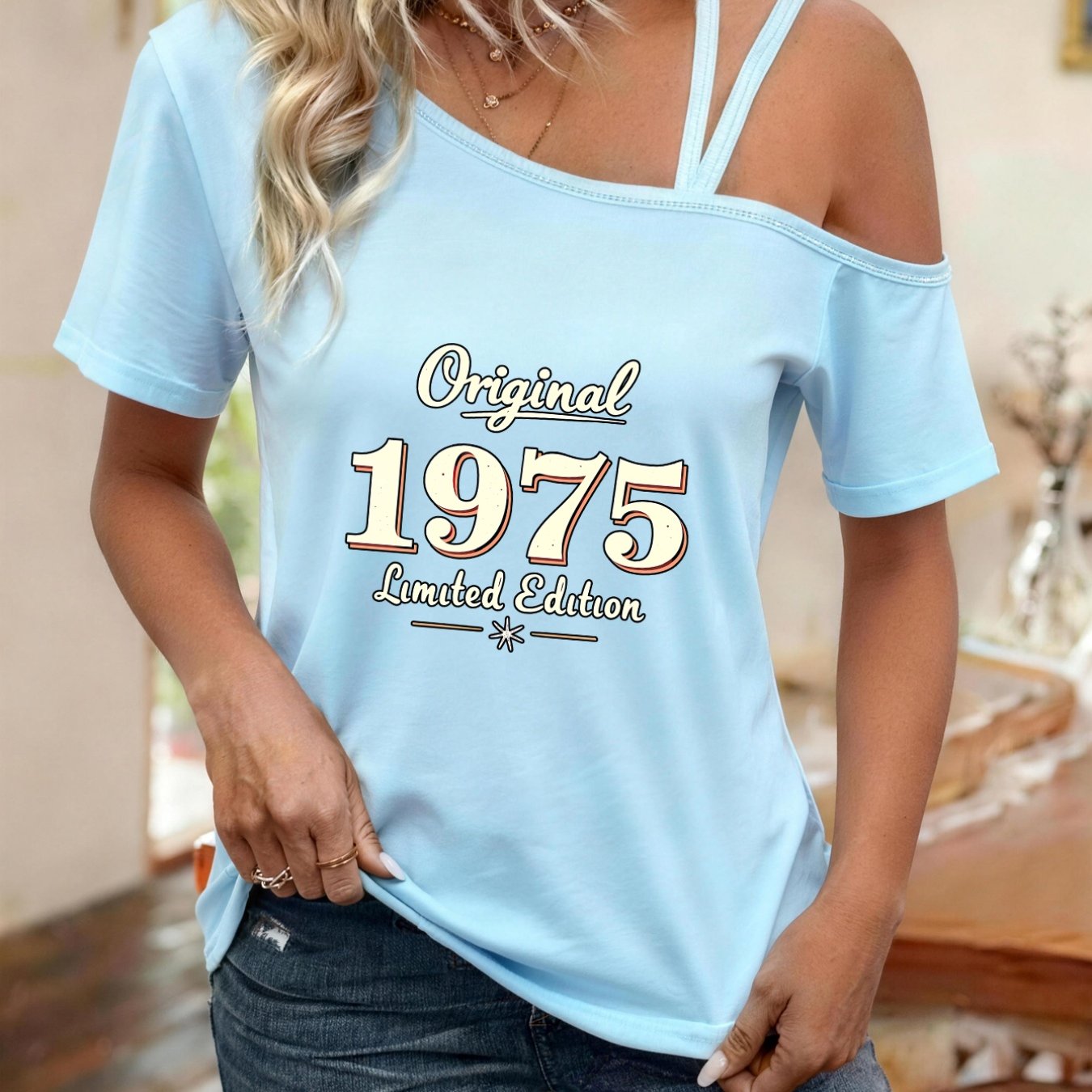 TEMU Women's Y2k Vintage 1975 Edition Off-shoulder T-shirt - Retro -shoulder Top With Suitable For - Casual Wear, Machine Washable Blouse Style For,