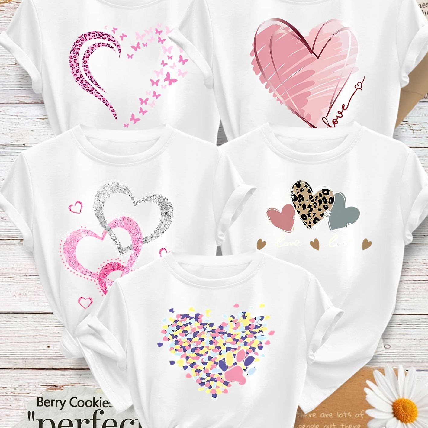 TEMU Five-piece Set Of Sister And Best Friend Outfits Featuring Colorful Leopard Print And Heart Patterns, Stylish Retro Women's Casual Sports Tops