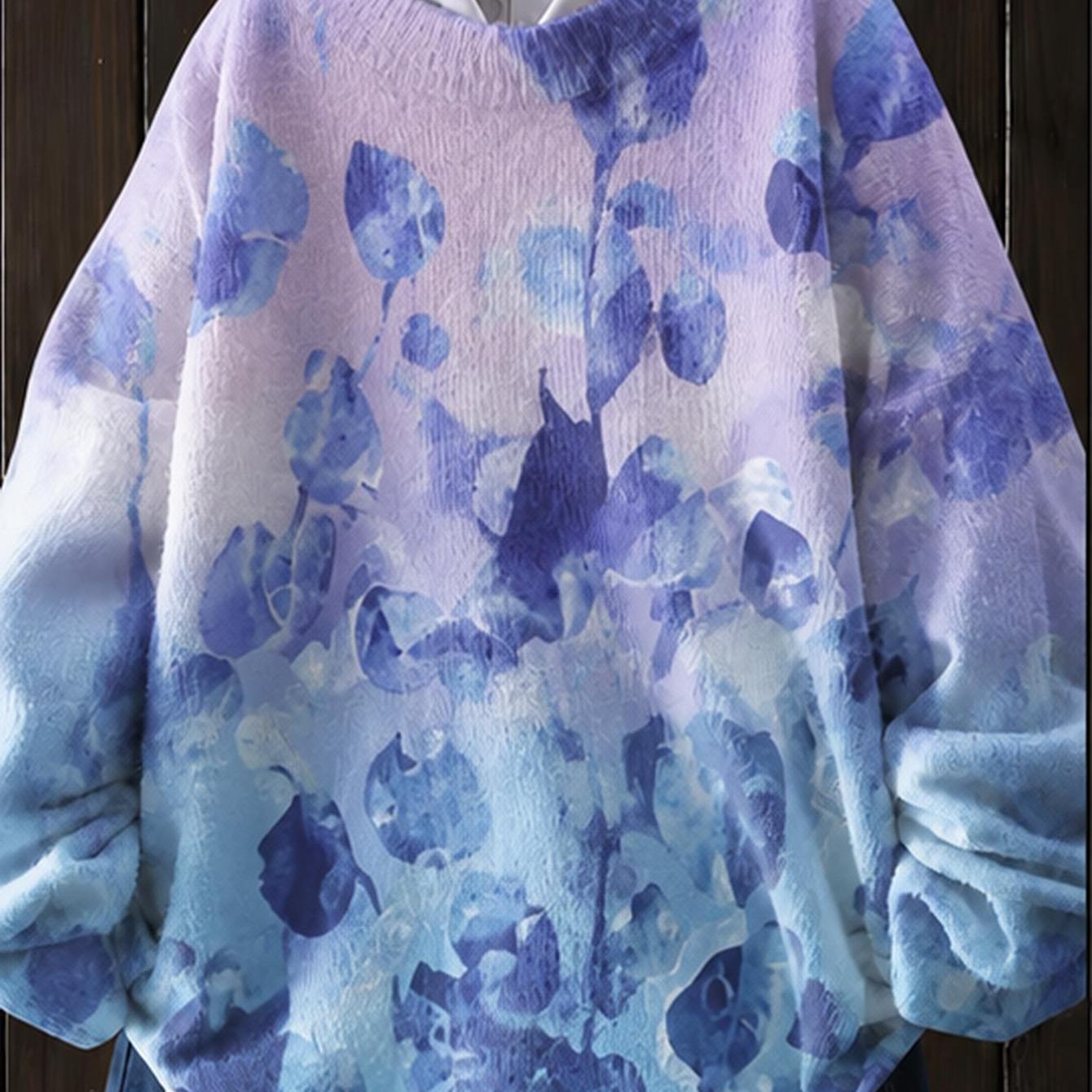 TEMU Plus Size, Women's Plus Size Oversized Sweater - Full-body Watercolor Floral Print Pullover, Soft Cozy Round Neck Long Sleeve -compatible