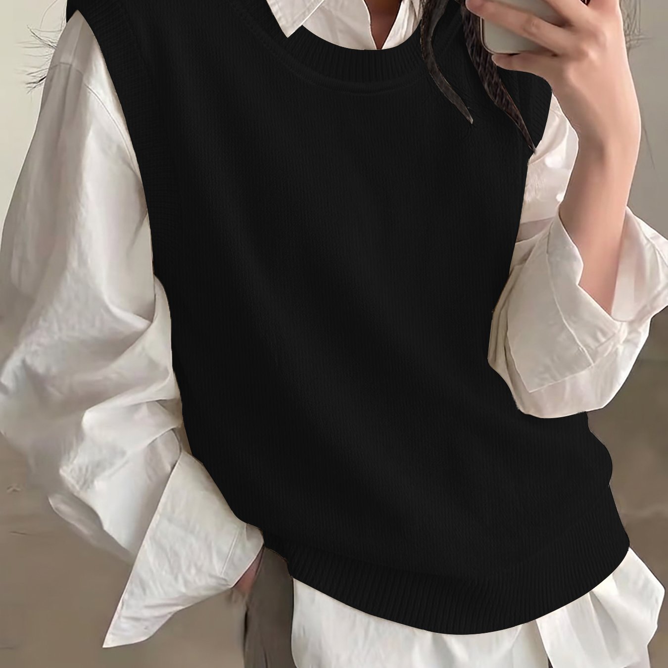 TEMU Women's Ootd Outfit: Solid Color Sleeveless Vest, And Stylish, Machine Washable/dry , Slightly Stretchy Plain Sweater, Fashionable And Versatile