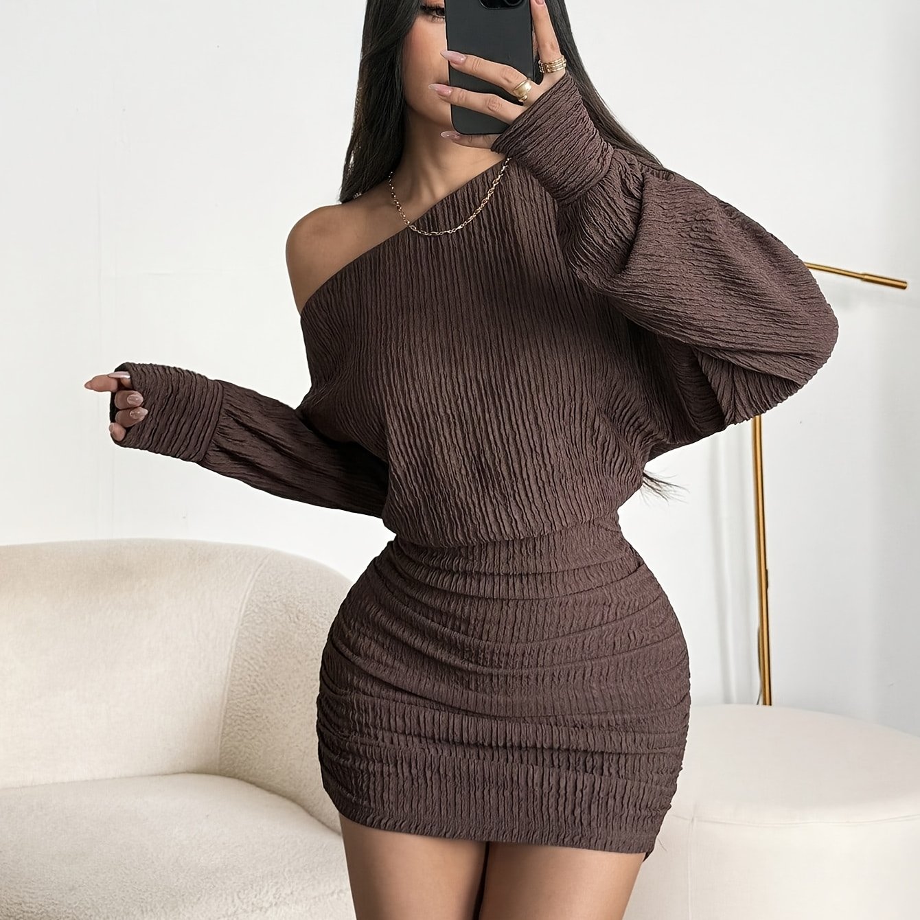 TEMU Women's Off-shoulder Long-sleeve Warm Sweater For Autumn And Winter, Bohemian Winter Wear, Christmas Party Dresses, Fall Women's Dresses,