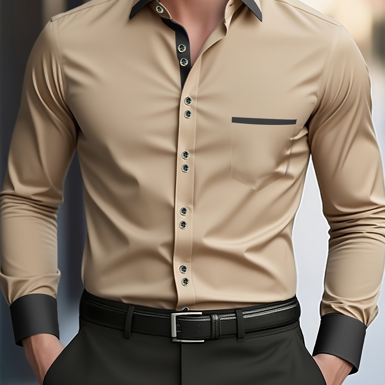 TEMU 1pc Father's Day Business Casual Skin-friendly Comfortable Woven Plain Weave Fabric Contrast Color Collar Long Sleeve Shirt With Patch And Chest
