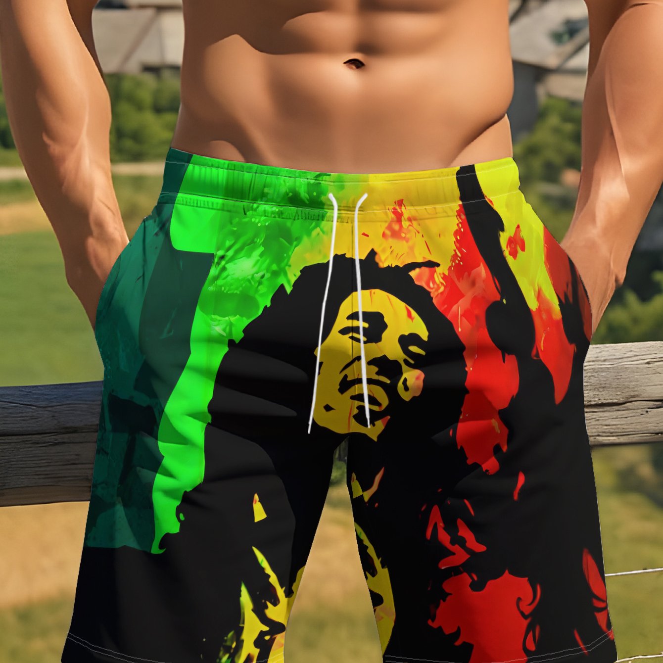 TEMU Men's Hawaiian Shorts, Reggae Musician Silhouette Against Red, Yellow, Green Background, Head Tilted Drawstring Beach Pants [print Design-not