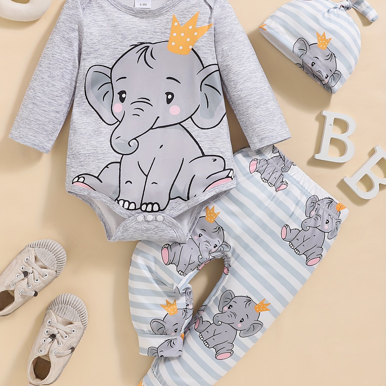 Image of Adorable Elephant & Crown Print 3pcs Set For Baby Boys - Comfy Romper, Striped Pants & Matching Hat - Machine Washable, Perfect For Outdoor,christmas,halloween